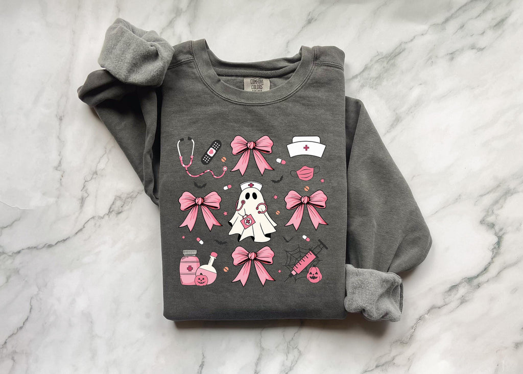 Cute nurse ghost Halloween Nurse Sweatshirt,  Pink Halloween Bow RN Fall Top Cozy Autumn Pullover, Cute Retro Gift for Nurse