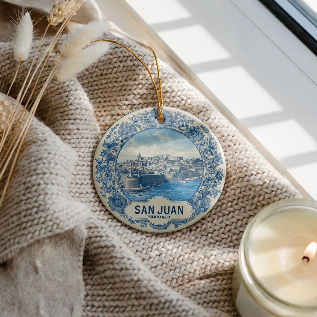 Custom San Juan Puerto Rico Ceramic Delft Ornament, Christmas Delftware Blue Delftware city travel