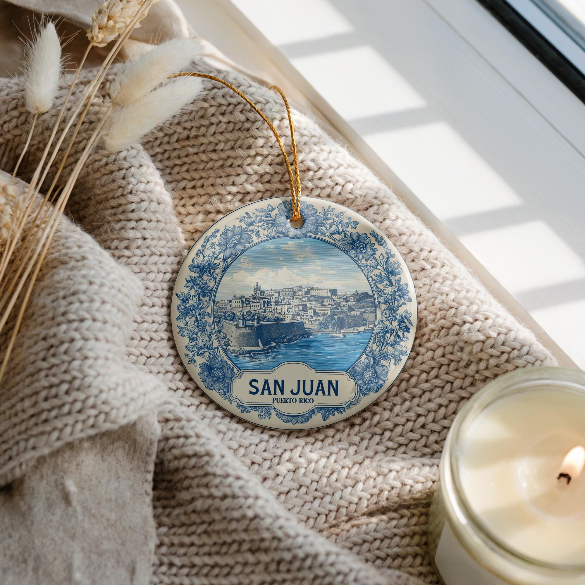 Custom San Juan Puerto Rico Ceramic Delft Ornament, Christmas Delftware Blue Delftware city travel