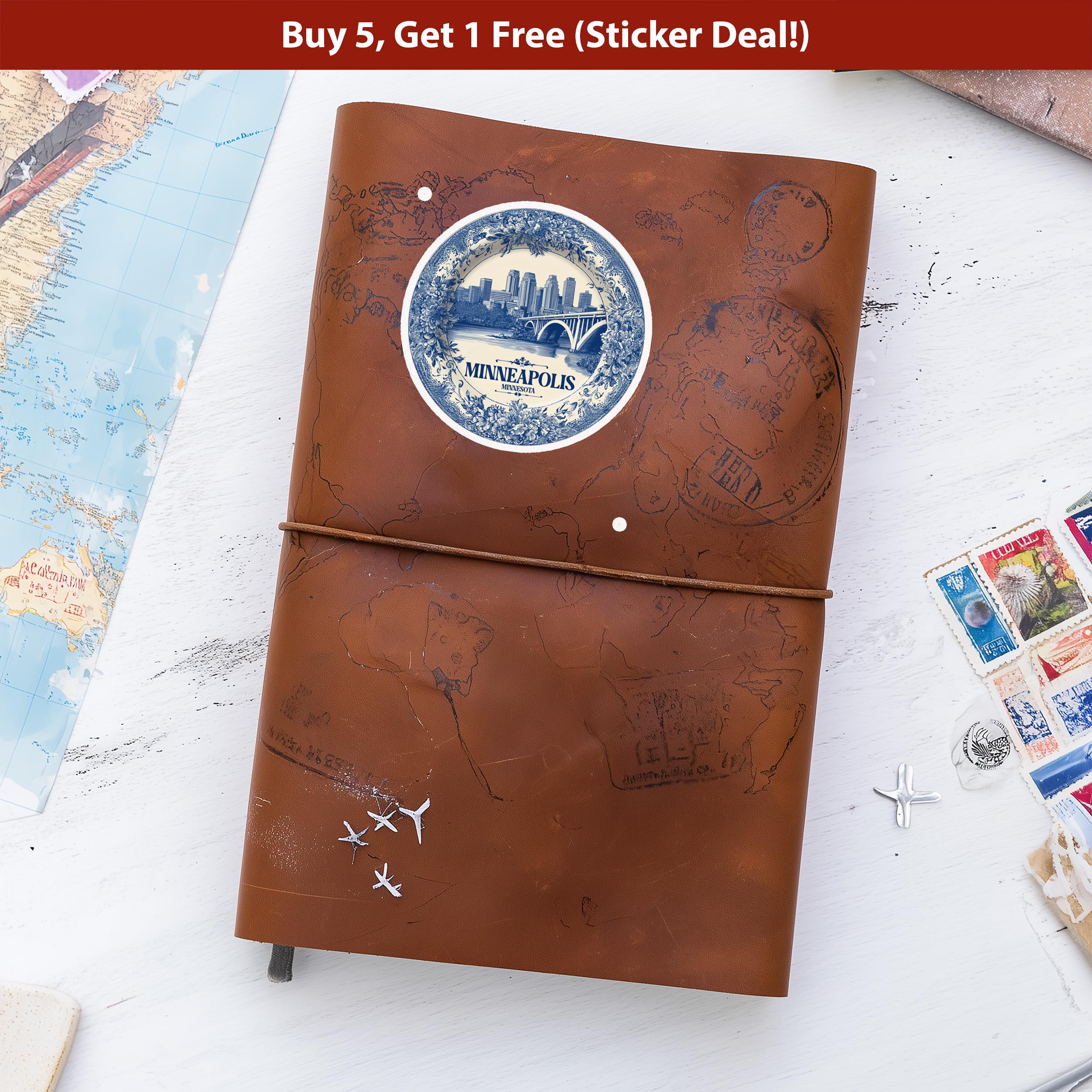 Minneapolis Minnesota Sticker Vintage Delft style, Delftware Decal Waterproof Vinyl, Blue City Travel