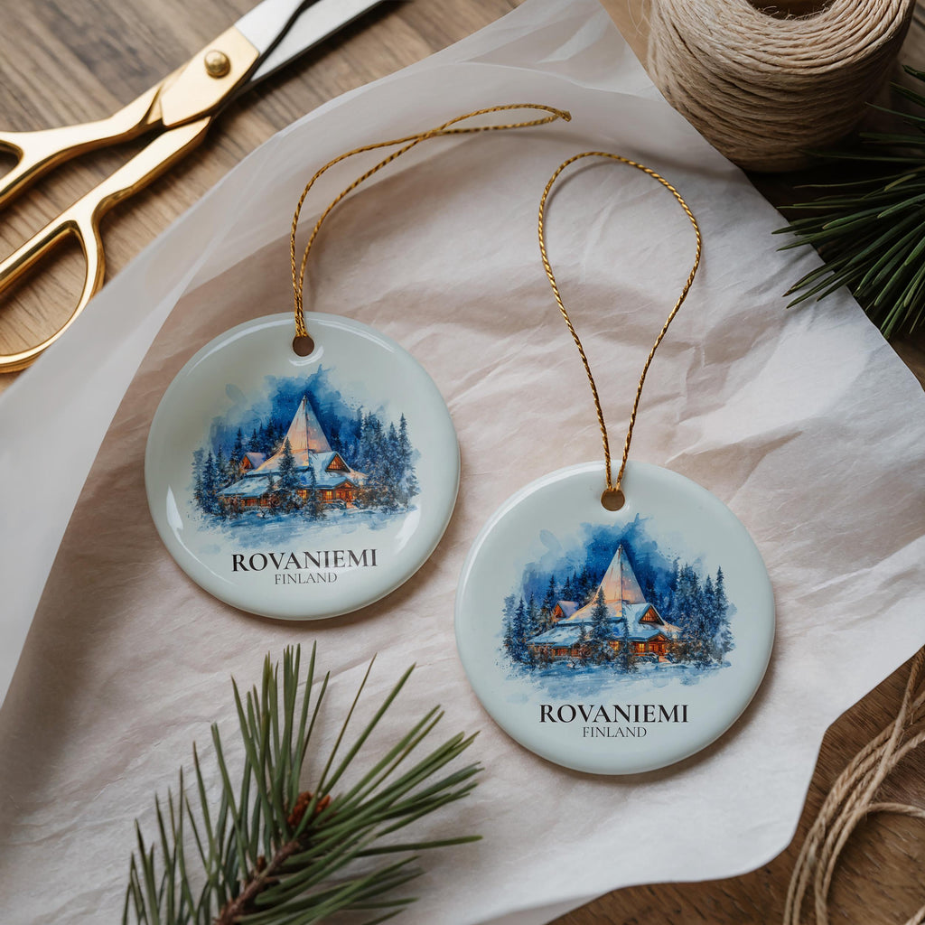 Rovaniemi Finland Personalized Watercolor Ornament, Custom Ceramic Christmas gift, Travel Keepsake
