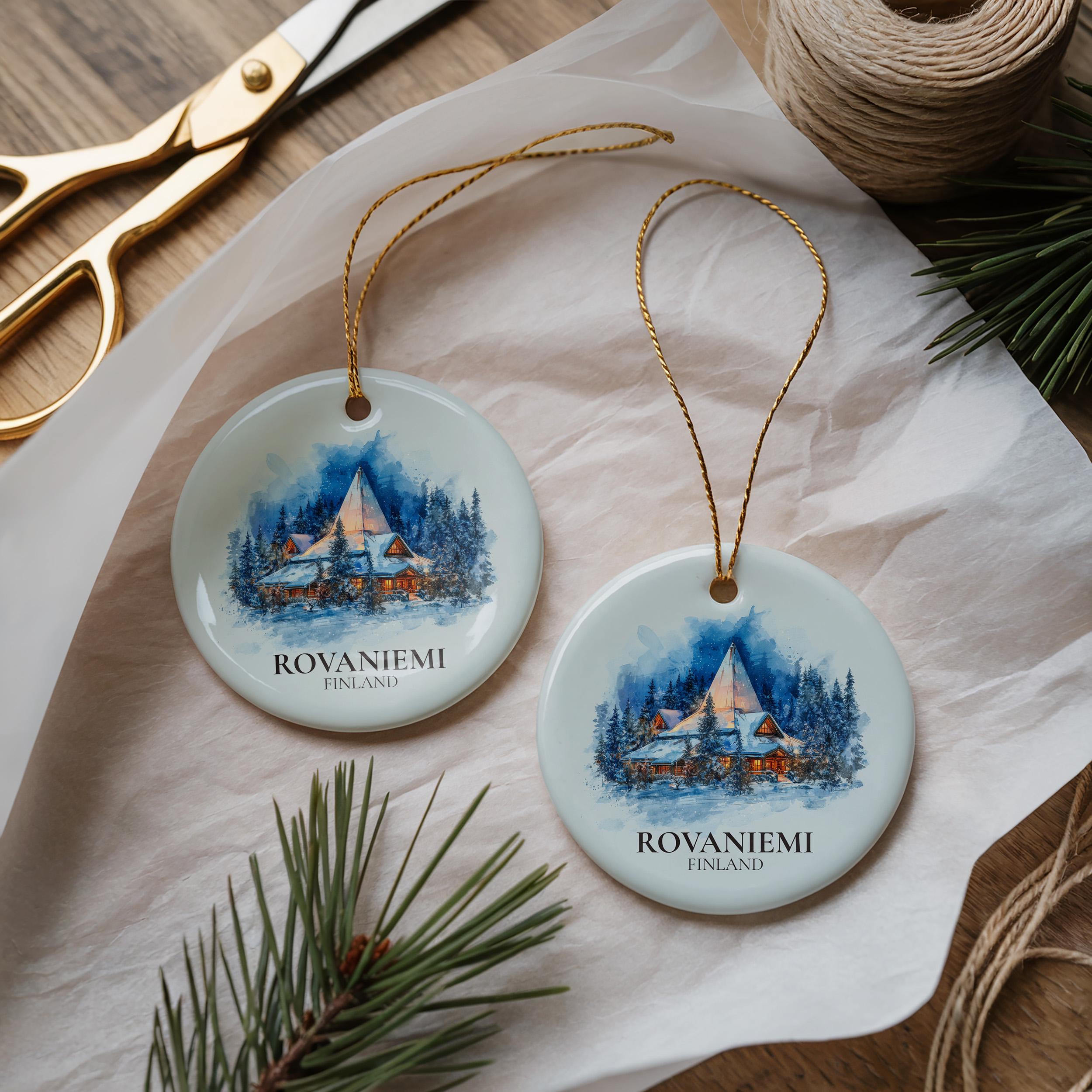 Rovaniemi Finland Personalized Watercolor Ornament, Custom Ceramic Christmas gift, Travel Keepsake