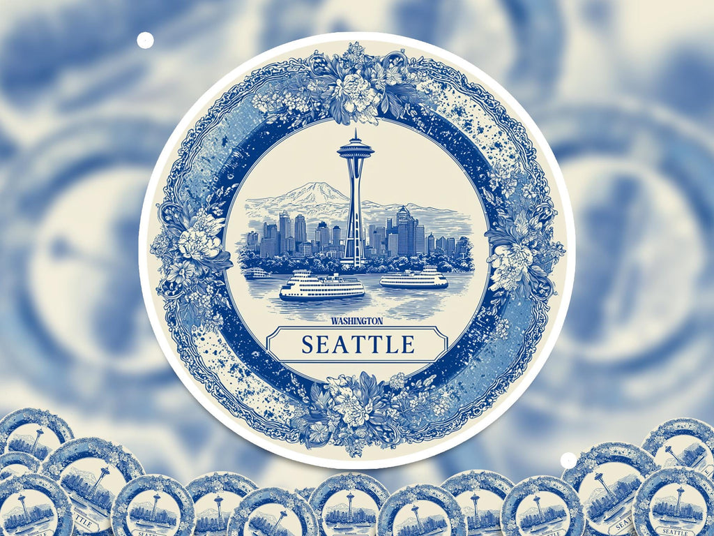 Seattle Washington Sticker Vintage Delft style, Delftware Decal Waterproof Vinyl, Blue City Travel