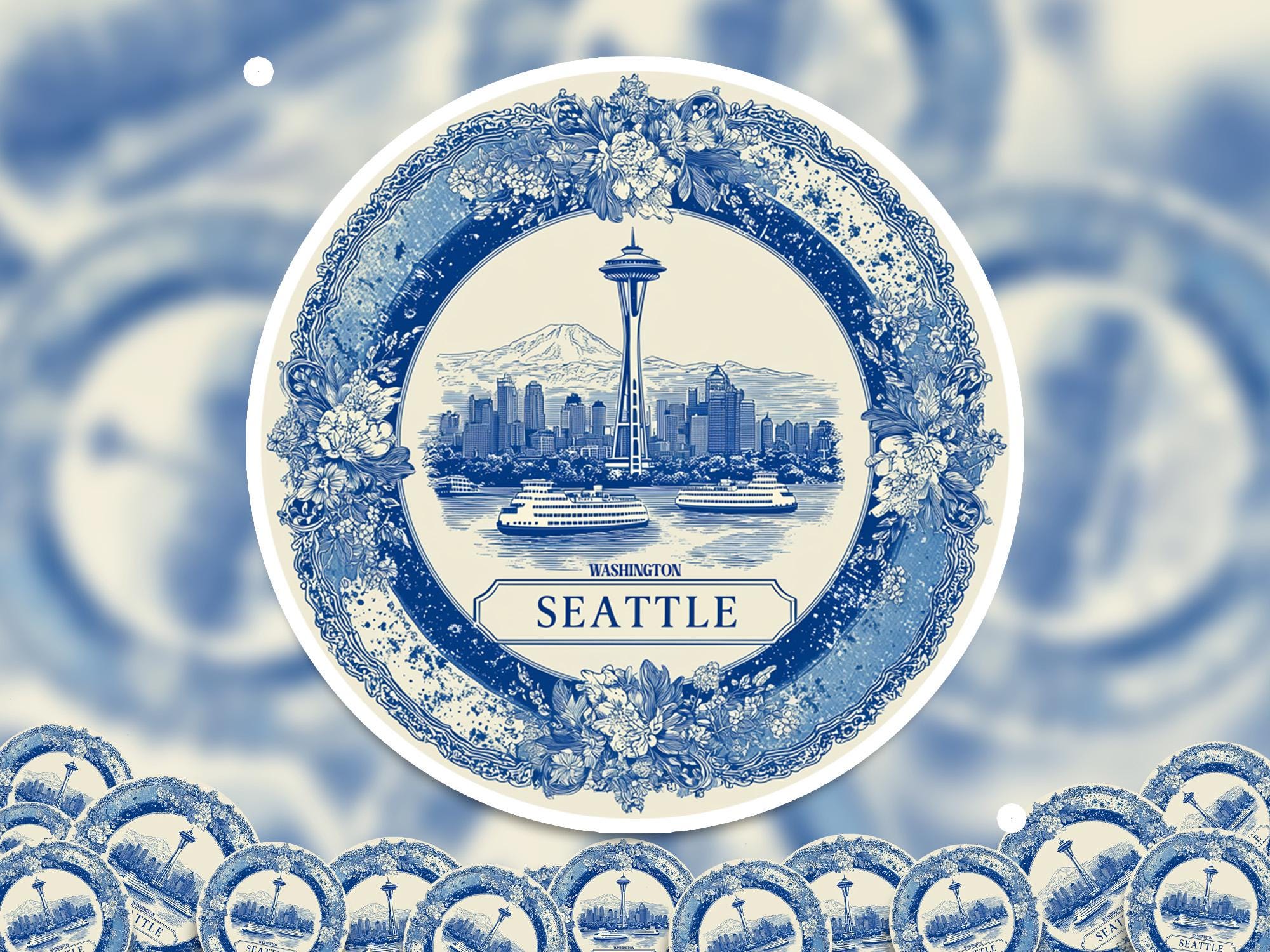 Seattle Washington Sticker Vintage Delft style, Delftware Decal Waterproof Vinyl, Blue City Travel