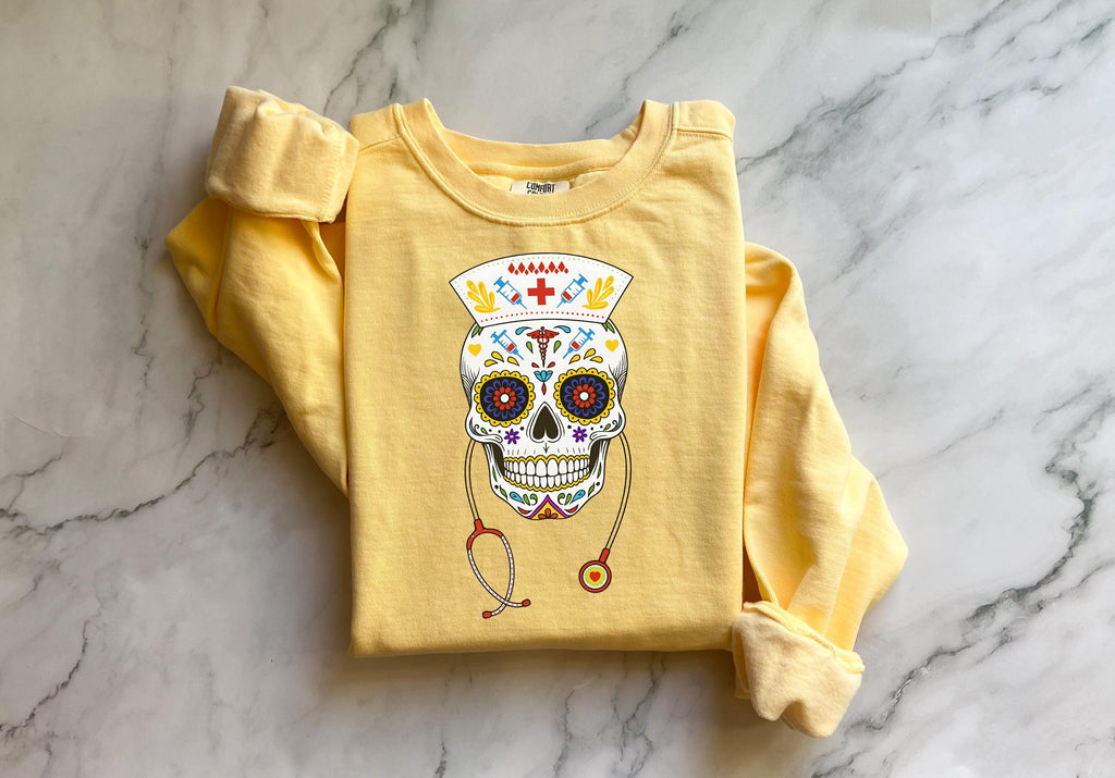 Halloween Nurse Skull Sweatshirt, Spooky RN Day of the Dead Top, Gothic Medical Fall Pullover, Retro Skeleton Apparel, Gift for Nurse
