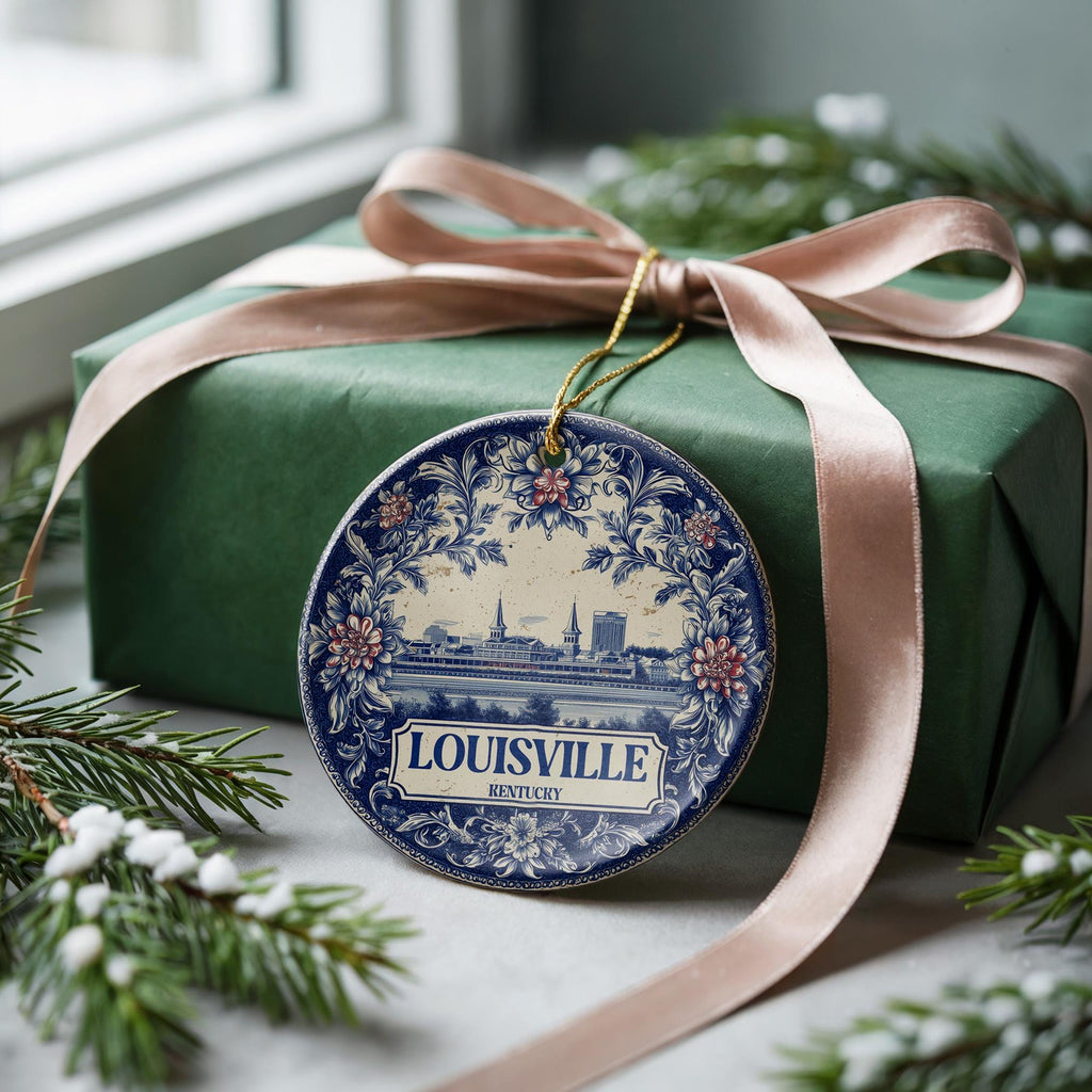 Custom Louisville Kentucky Ceramic Delft Ornament, Christmas Delftware Blue Delftware city travel