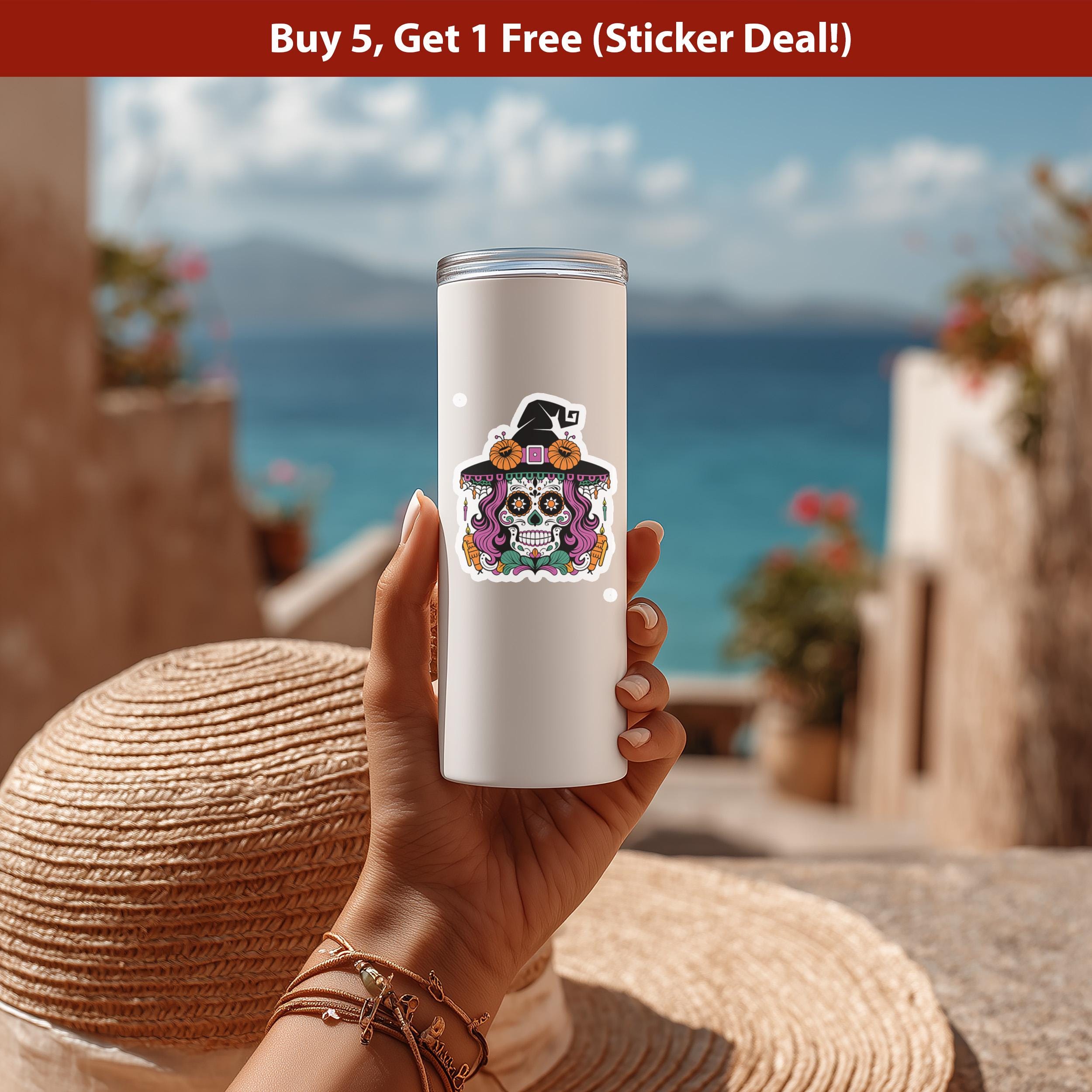 Sugar Skull Witch Sticker, Day of the Dead Halloween Decal, Floral Goth Vinyl