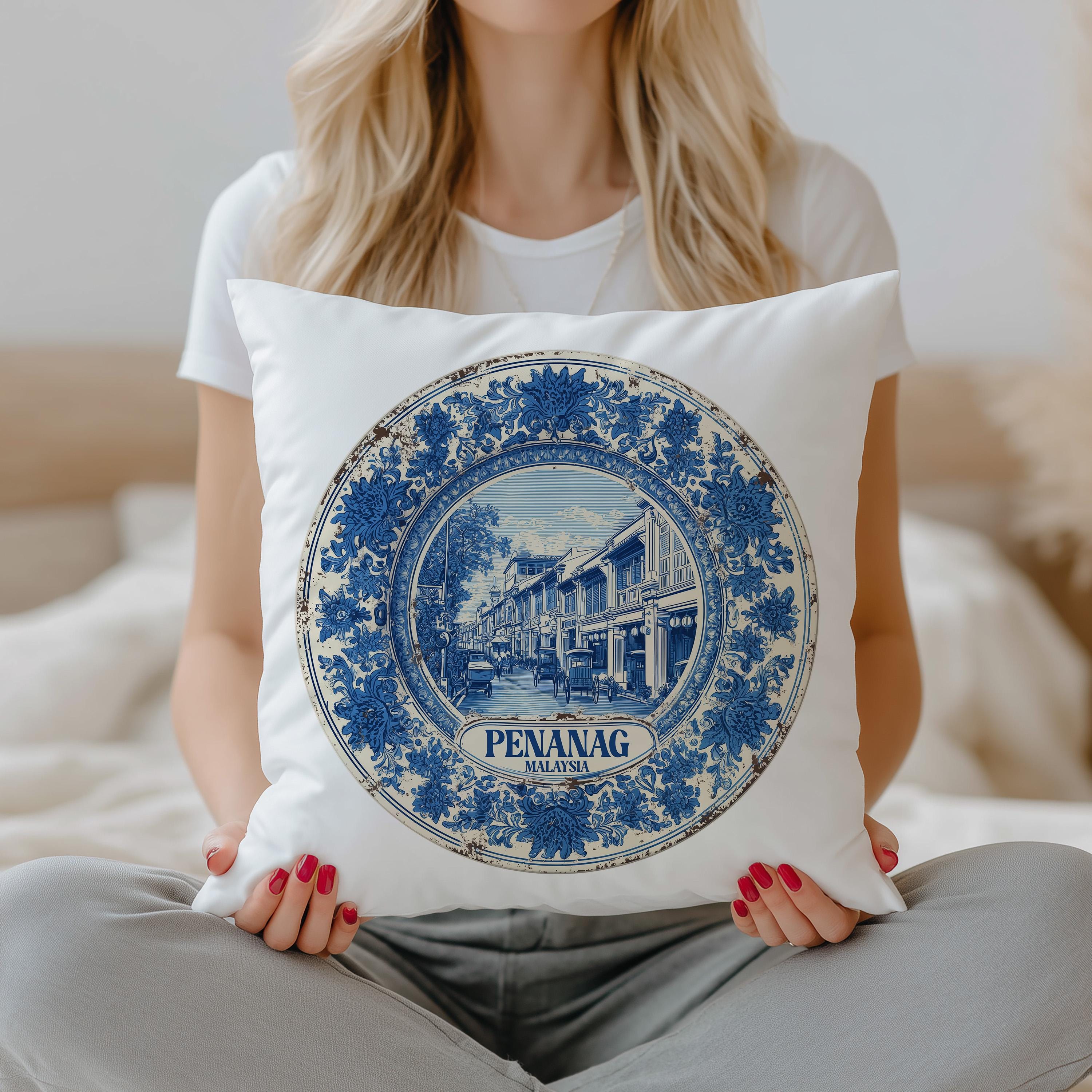 Penang Malaysia Pillowcase, Delft Style Decorative Throw Pillow, Vintage Cityscape Retro Home Decor