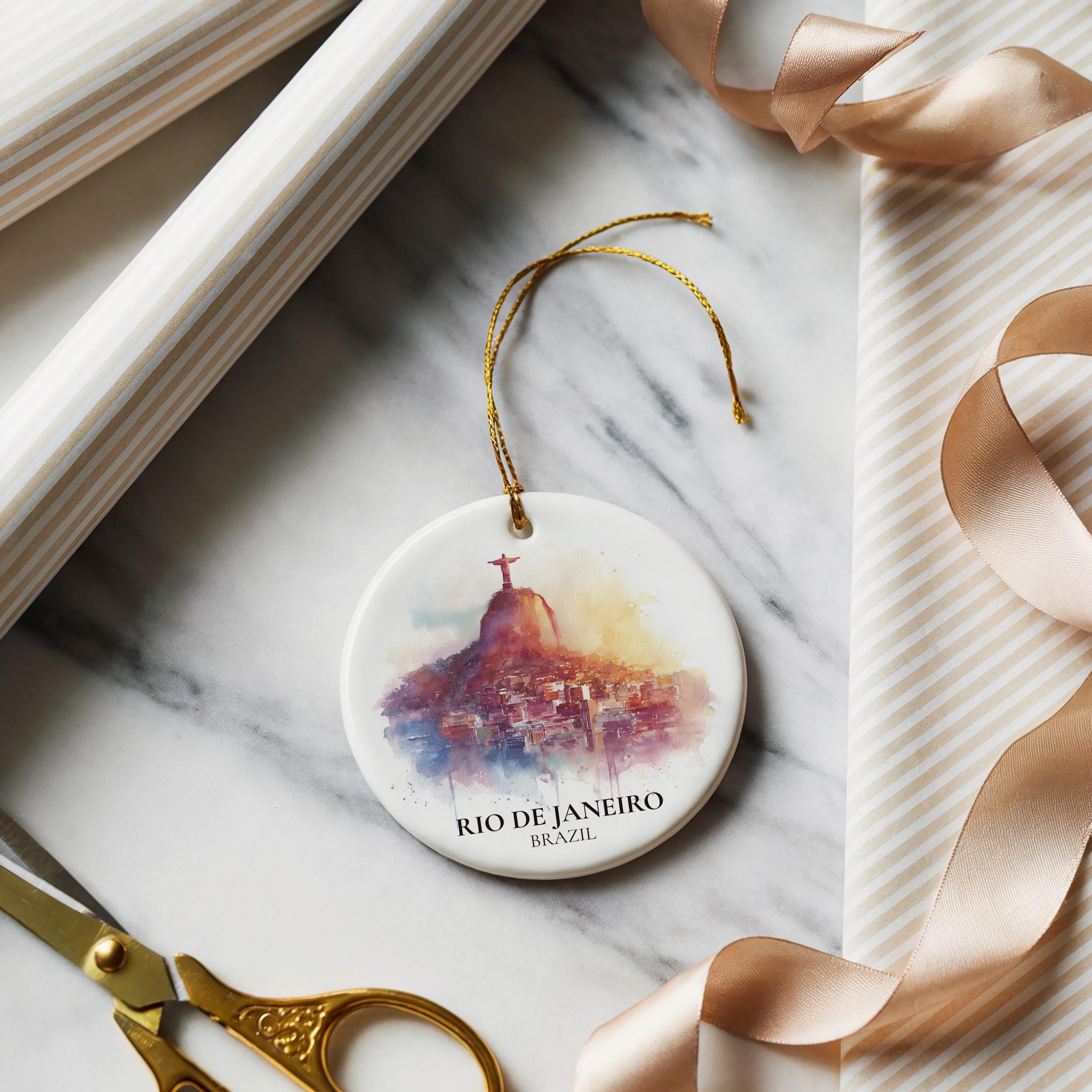 Rio Brazil Personalized Watercolor Ornament, Custom Ceramic Christmas gift, Travel Keepsake