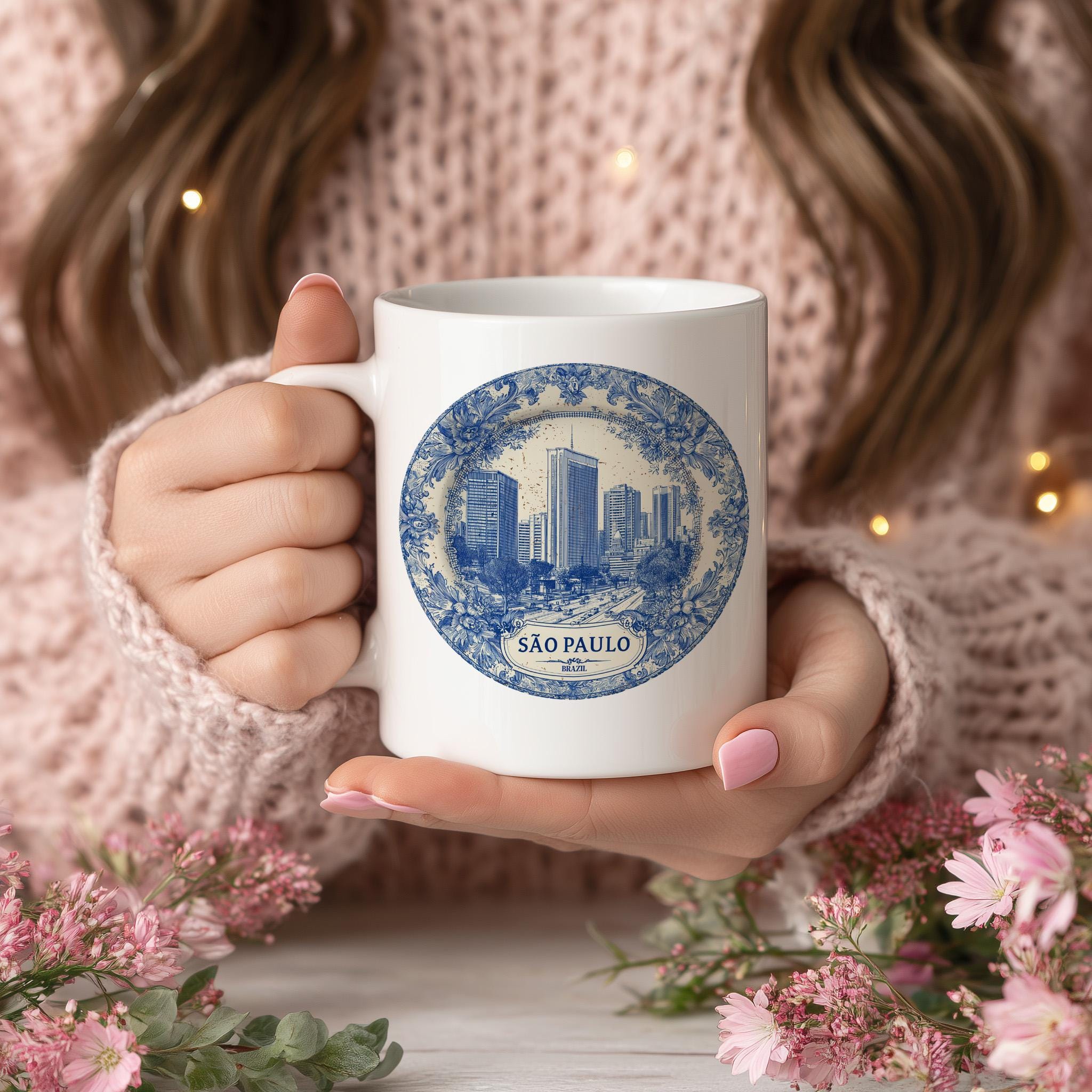 Sao Paulo Brazil Mug, Custom Delft Style cup, Personalized Vintage Travel City Gift