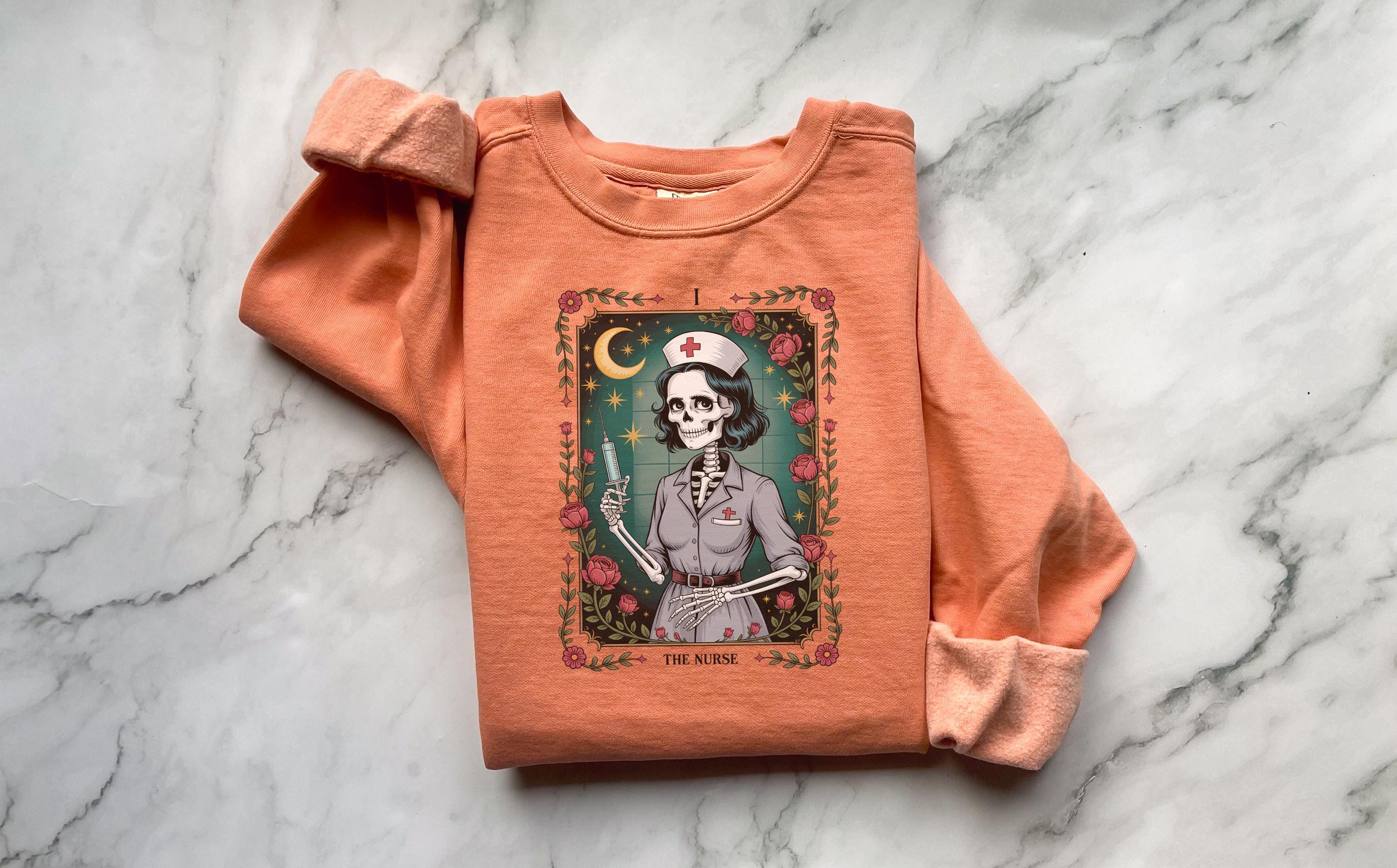 Halloween Nurse Sweatshirt: Gothic Skeleton Tarot Card, Spooky RN Outfit