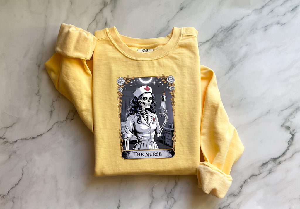 Halloween Nurse Skeleton Sweatshirt, Gothic Tarot Card Medical Pullover, Creepy RN Skull Top, Witchy Fall Aesthetic Shirt, Gift for Nurse