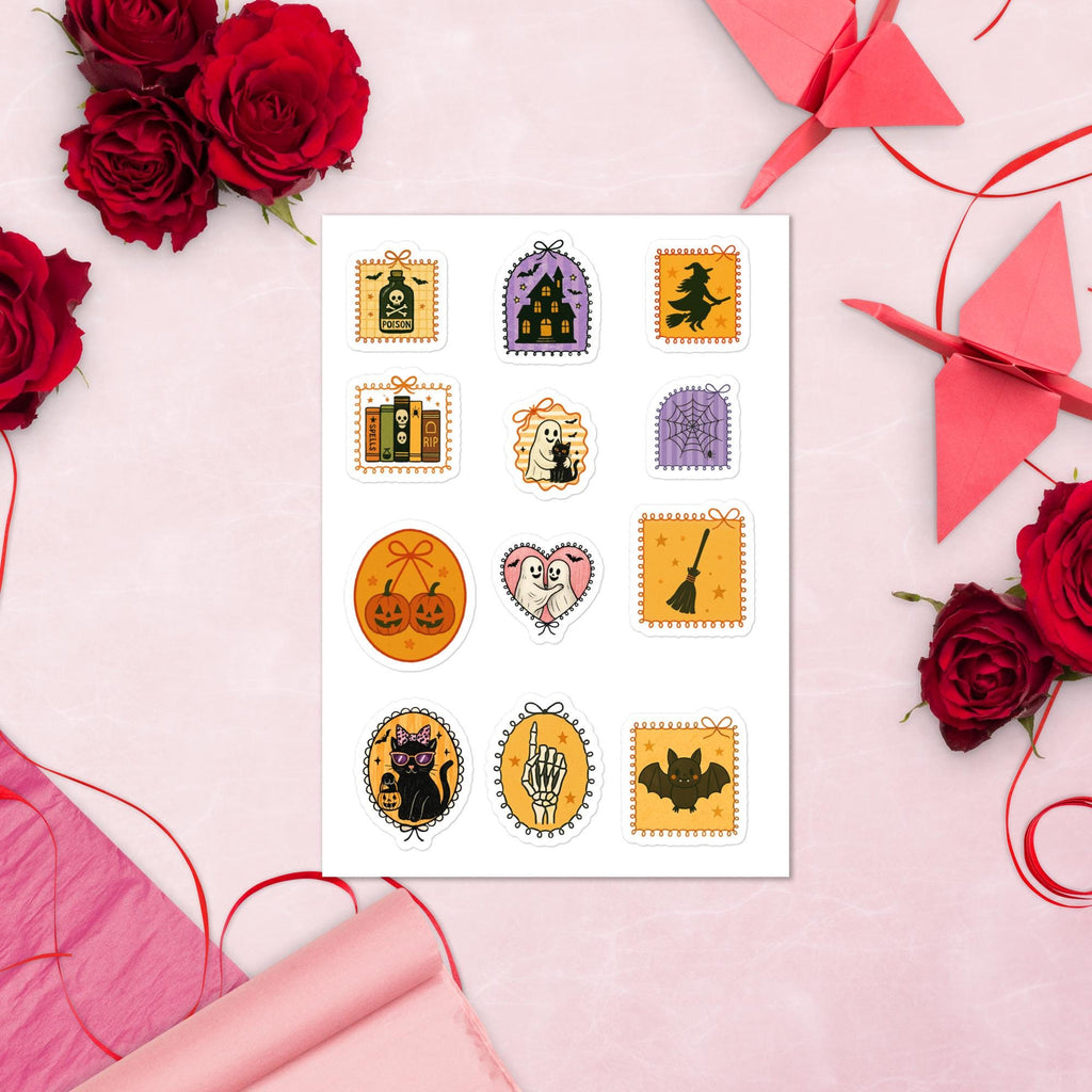 Vintage Halloween Sticker sheet, Spooky Retro ghost Witch Decal