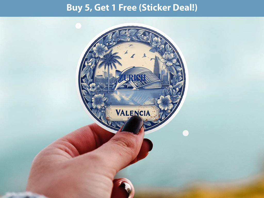 Valencia Spain Sticker Vintage Delft style, Delftware Decal Waterproof Vinyl, Blue City Travel
