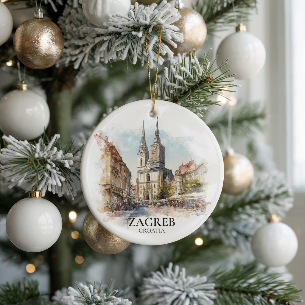 Zagreb Croatia Personalized Watercolor Ornament, Custom Ceramic Christmas gift, Travel Keepsake