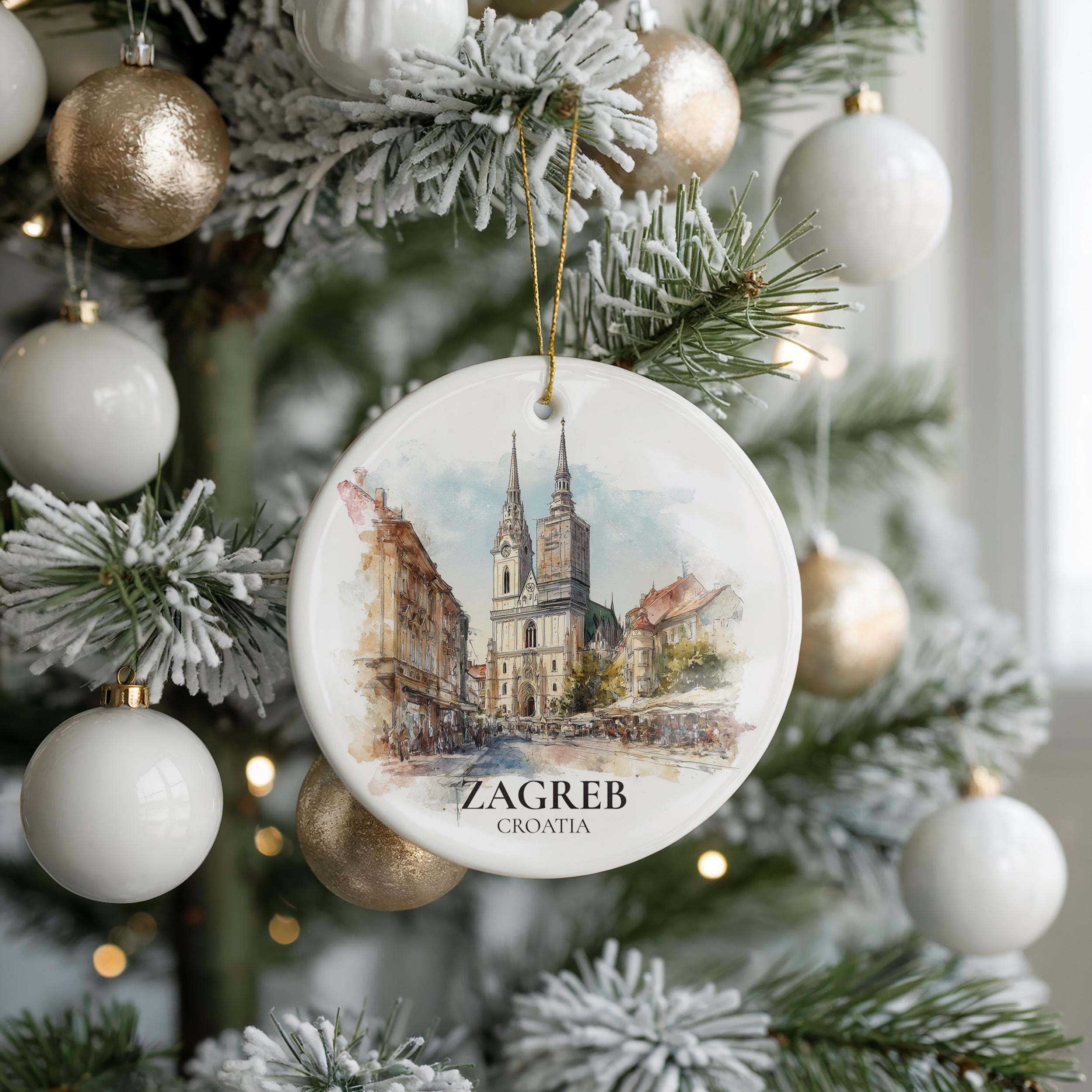 Zagreb Croatia Personalized Watercolor Ornament, Custom Ceramic Christmas gift, Travel Keepsake