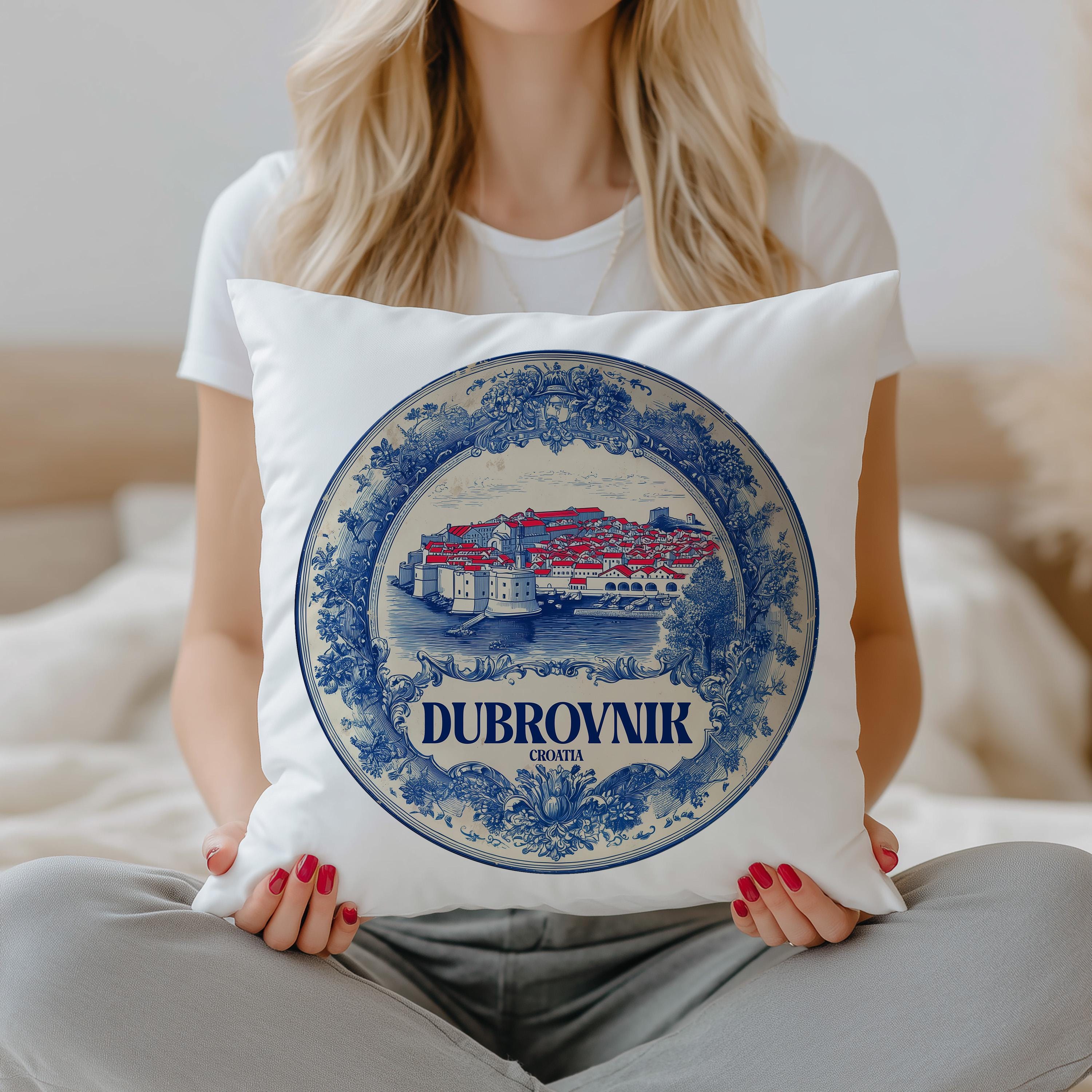 Dubrovnik Croatia Pillowcase, Delft Style Decorative Throw Pillow, Vintage Cityscape Retro Home Decor