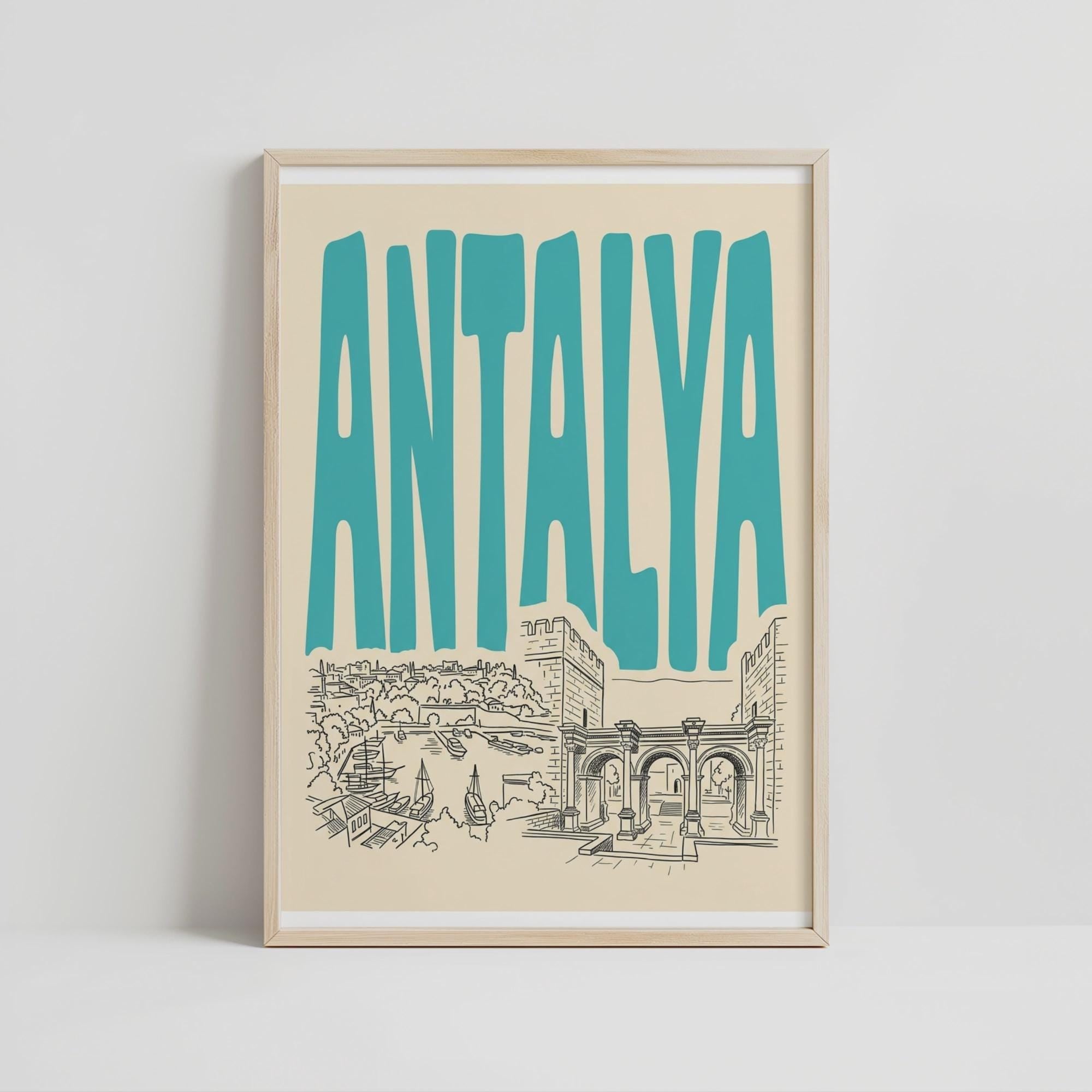 Antalya Turkey Wall Art, Retro Travel Poster, Framed Canvas Print