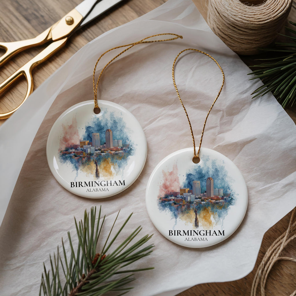 Birmingham Alabama Personalized Watercolor Ornament, Custom Ceramic Christmas gift, Travel Keepsake