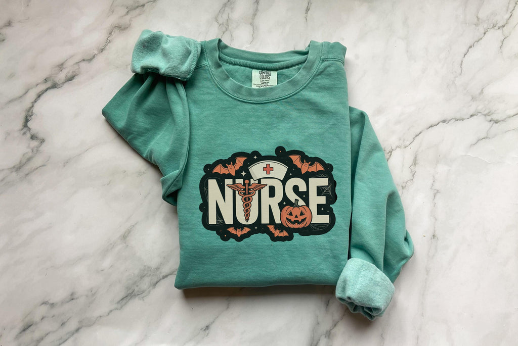 Halloween Nurse Comfort Colors Sweatshirt, Spooky RN Crewneck Pullover, Pumpkin Bat Ghost Design, Nurse Gift Fall Outfit