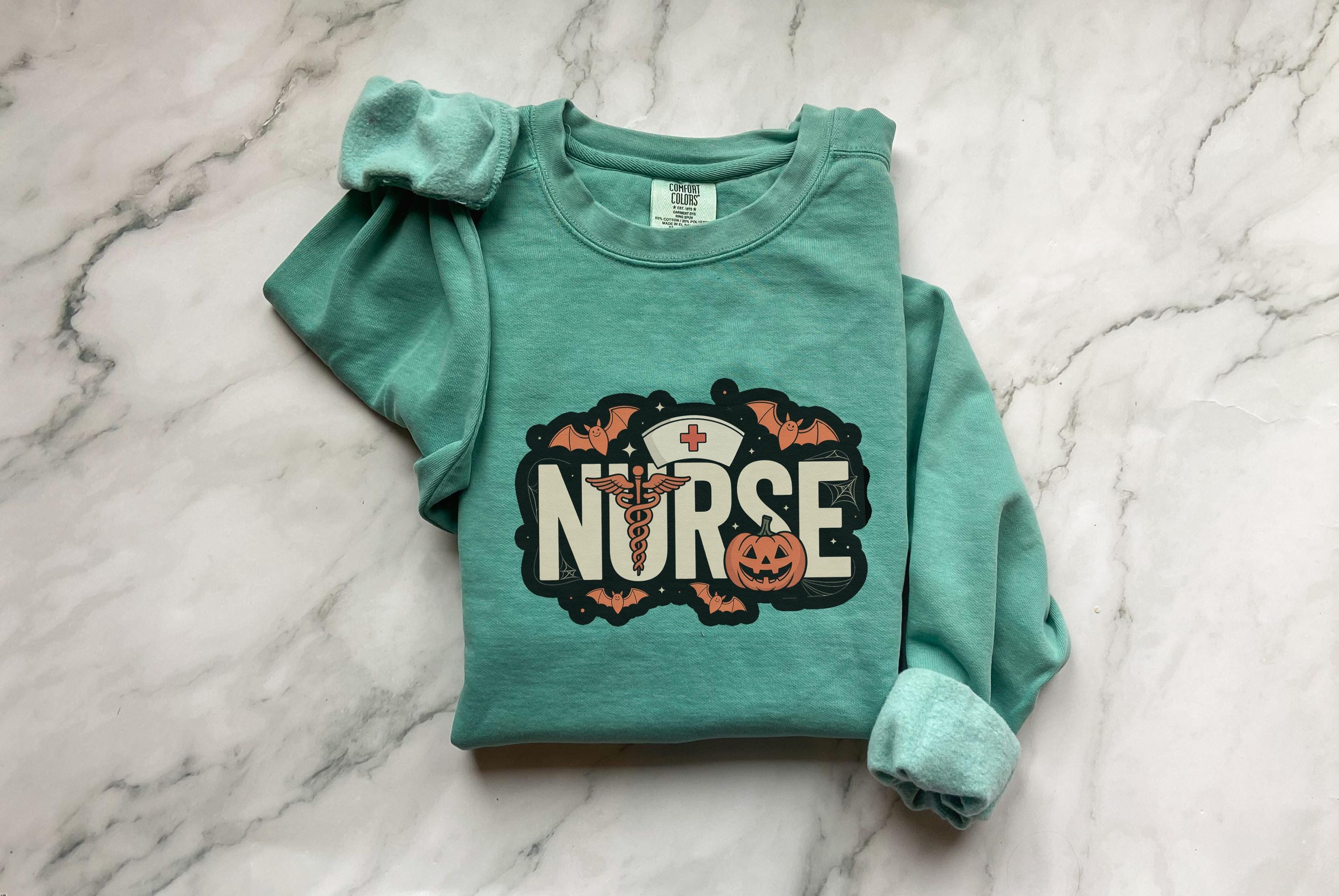 Halloween Nurse Comfort Colors Sweatshirt, Spooky RN Crewneck Pullover, Pumpkin Bat Ghost Design, Nurse Gift Fall Outfit