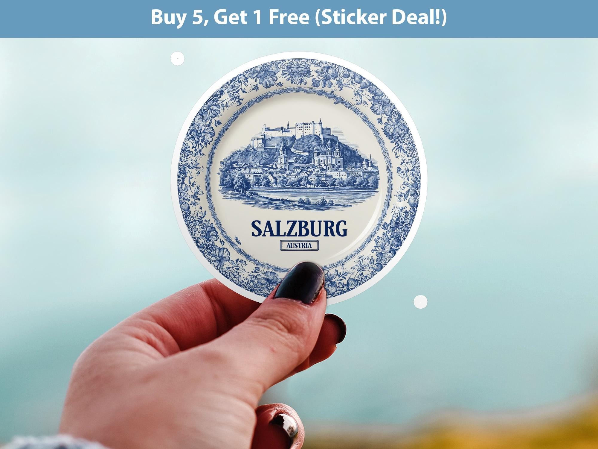 Salzburg Austria Sticker Vintage Delft style, Delftware Decal Waterproof Vinyl, Blue City Travel