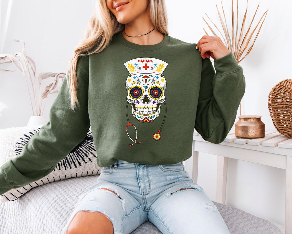 Skull Nurse Sweatshirt, Halloween Sweater, Day of the Dead Nurse, Spooky Nurse Outfit, Nurse Appreciation Gift, Medical Halloween Crewn