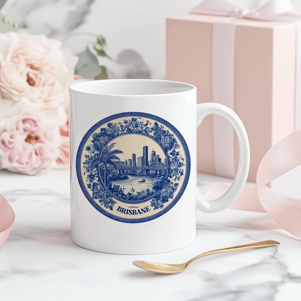 Brisbane Australia Mug, Custom Delft Style cup, Personalized Vintage Travel City Gift