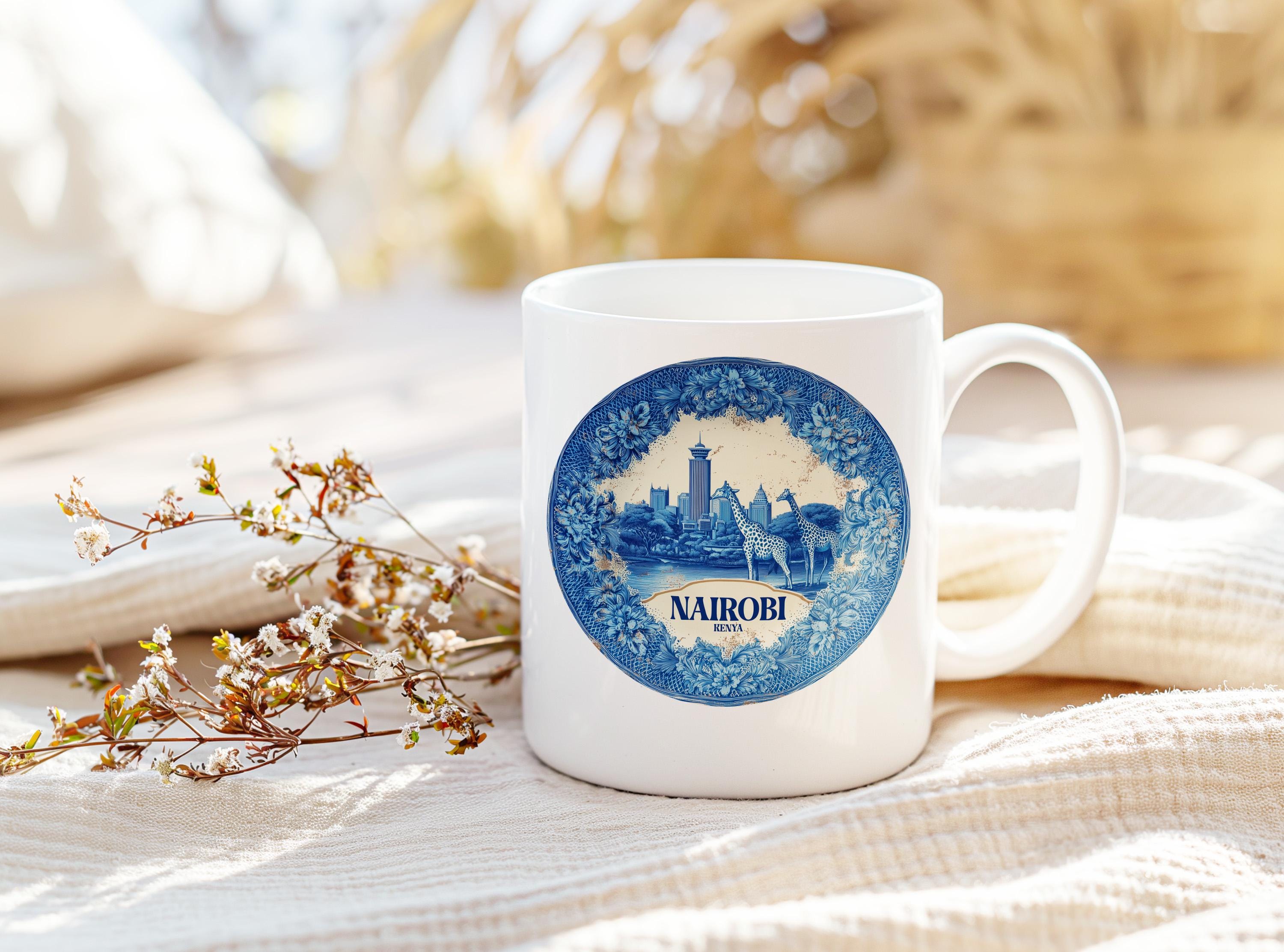 Nairobi Kenya Mug, Custom Delft Style cup, Personalized Vintage Travel City Gift