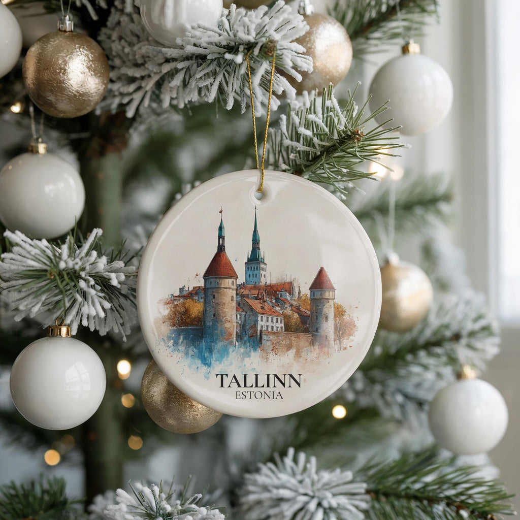 Tallinn Estonia Personalized Watercolor Ornament, Custom Ceramic Christmas gift, Travel Keepsake
