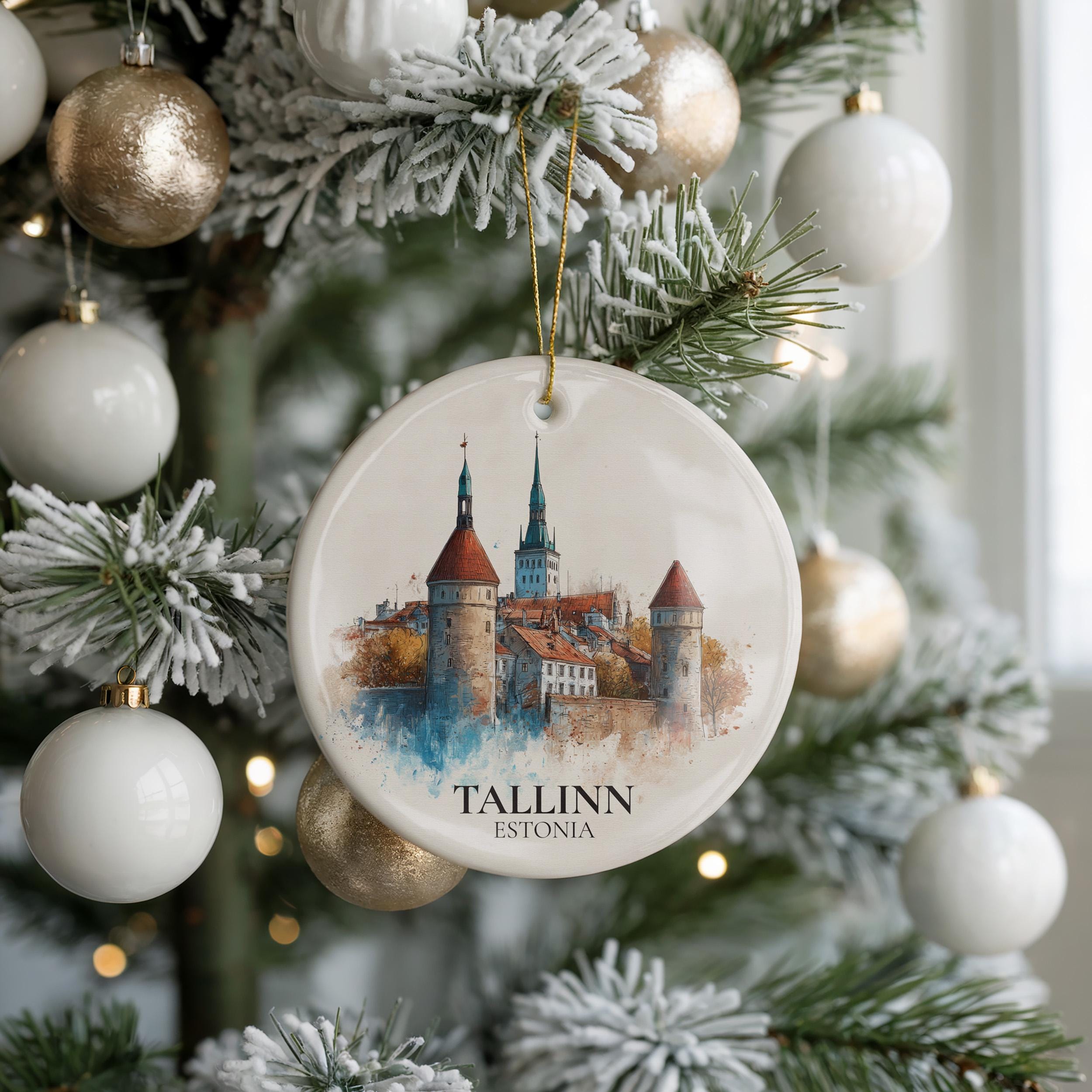 Tallinn Estonia Personalized Watercolor Ornament, Custom Ceramic Christmas gift, Travel Keepsake