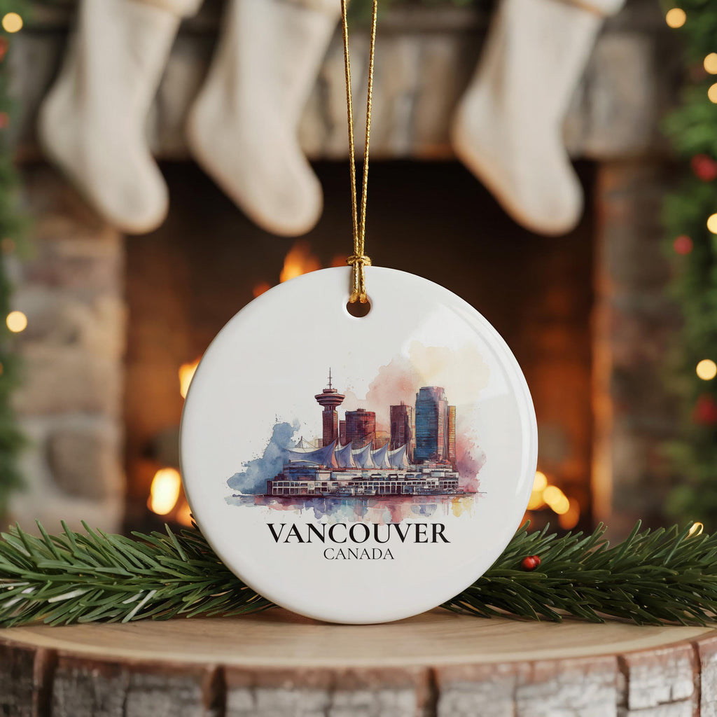 Vancouver Canada Personalized Watercolor Ornament, Custom Ceramic Christmas gift, Travel Keepsake