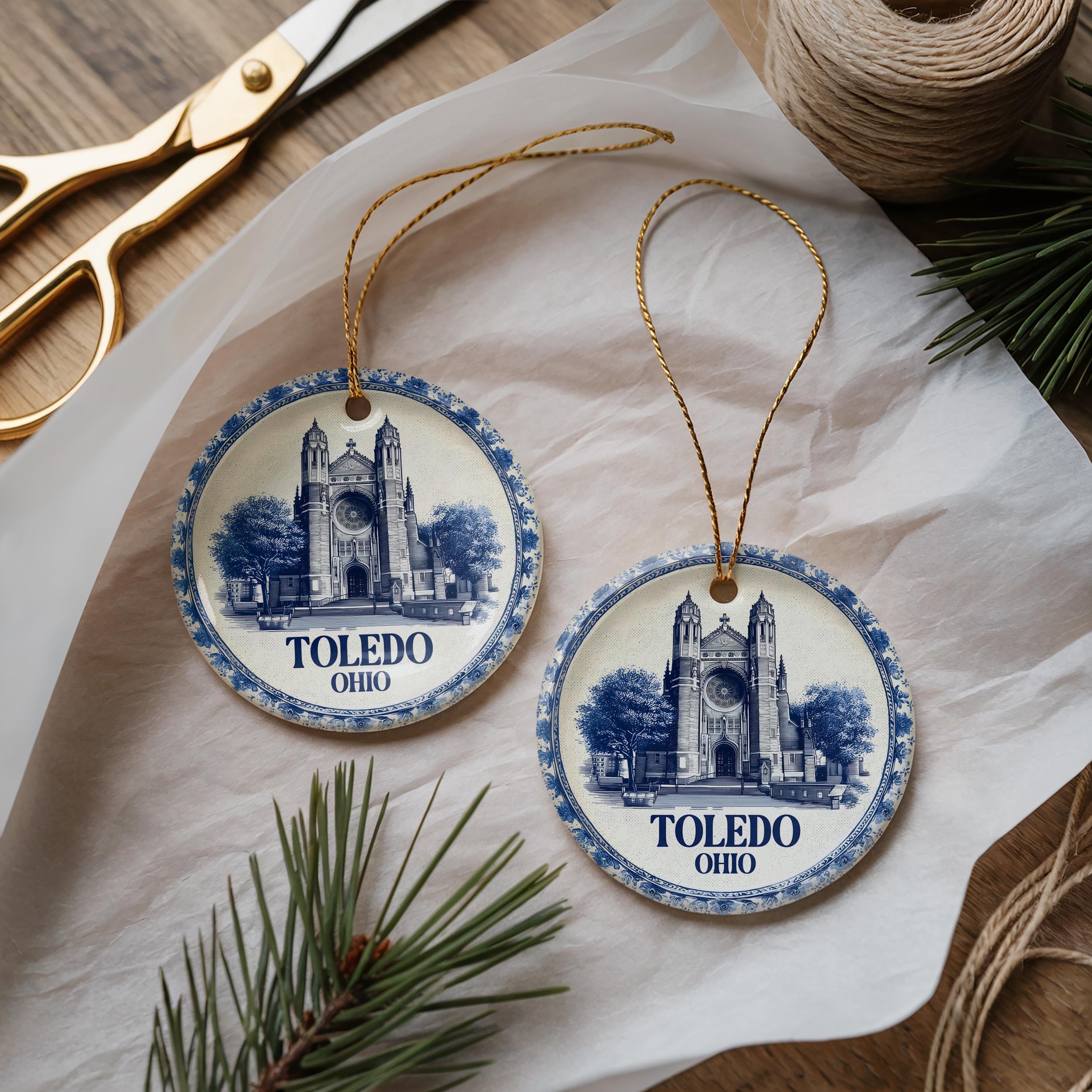 Custom Toledo Ohio Ceramic Delft Ornament, Christmas Delftware Blue Delftware city travel