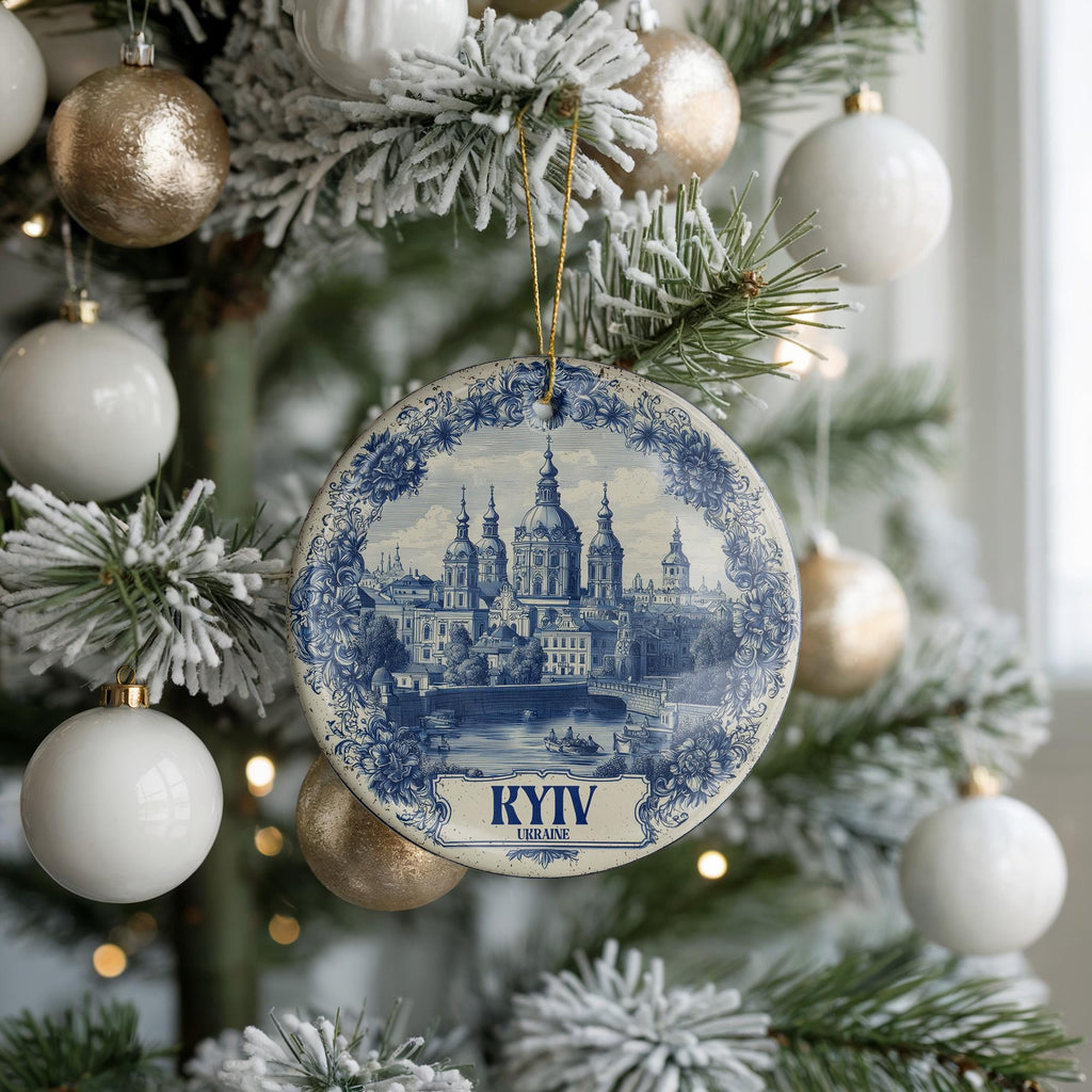 Custom Kyiv Ukraine Ceramic Delft Ornament, Christmas Delftware Blue Delftware city travel