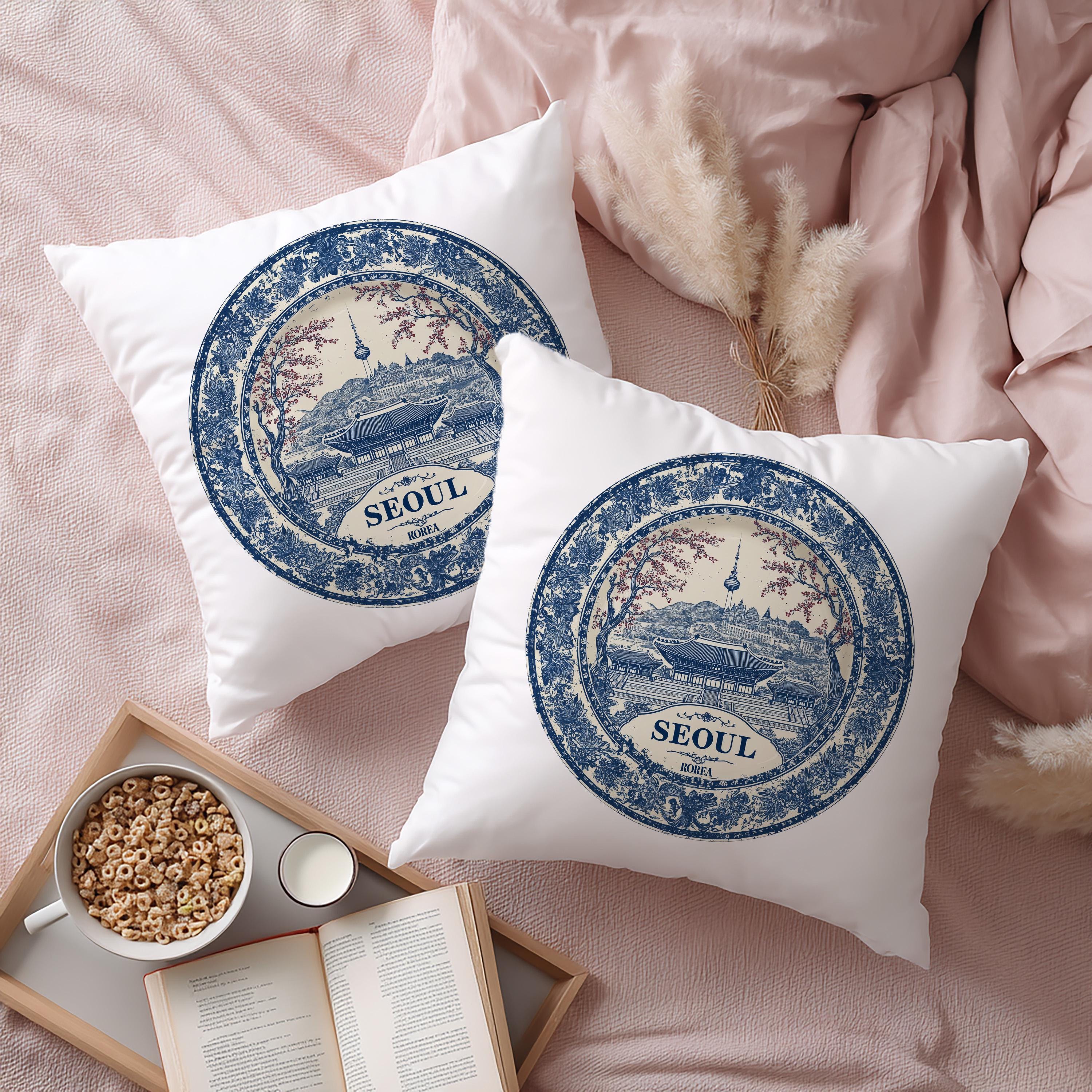 Seoul South Korea Pillowcase, Delft Style Decorative Throw Pillow, Vintage Cityscape Retro Home Decor
