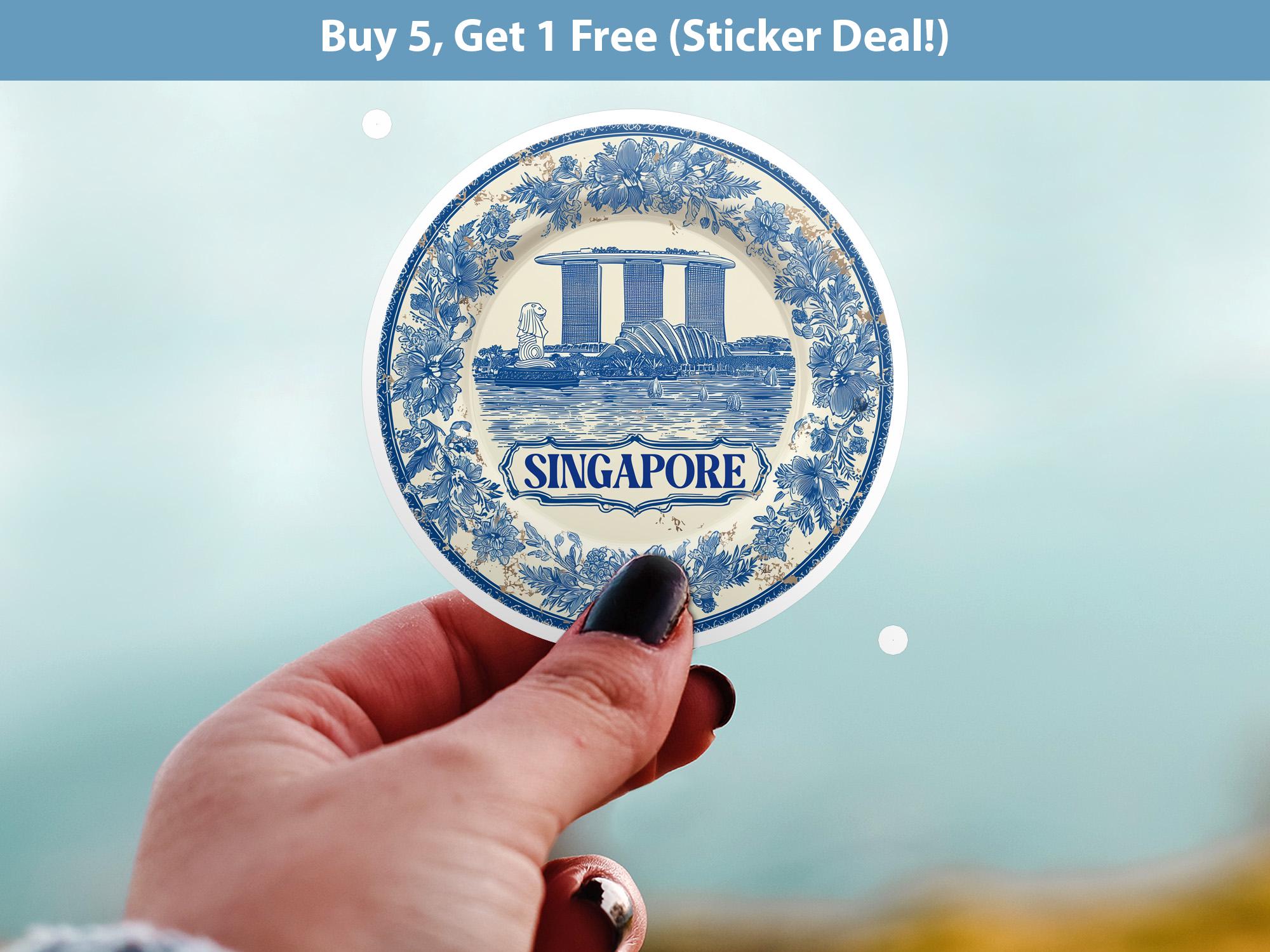Singapore Sticker Vintage Delft style, Delftware Decal Waterproof Vinyl, Blue City Travel