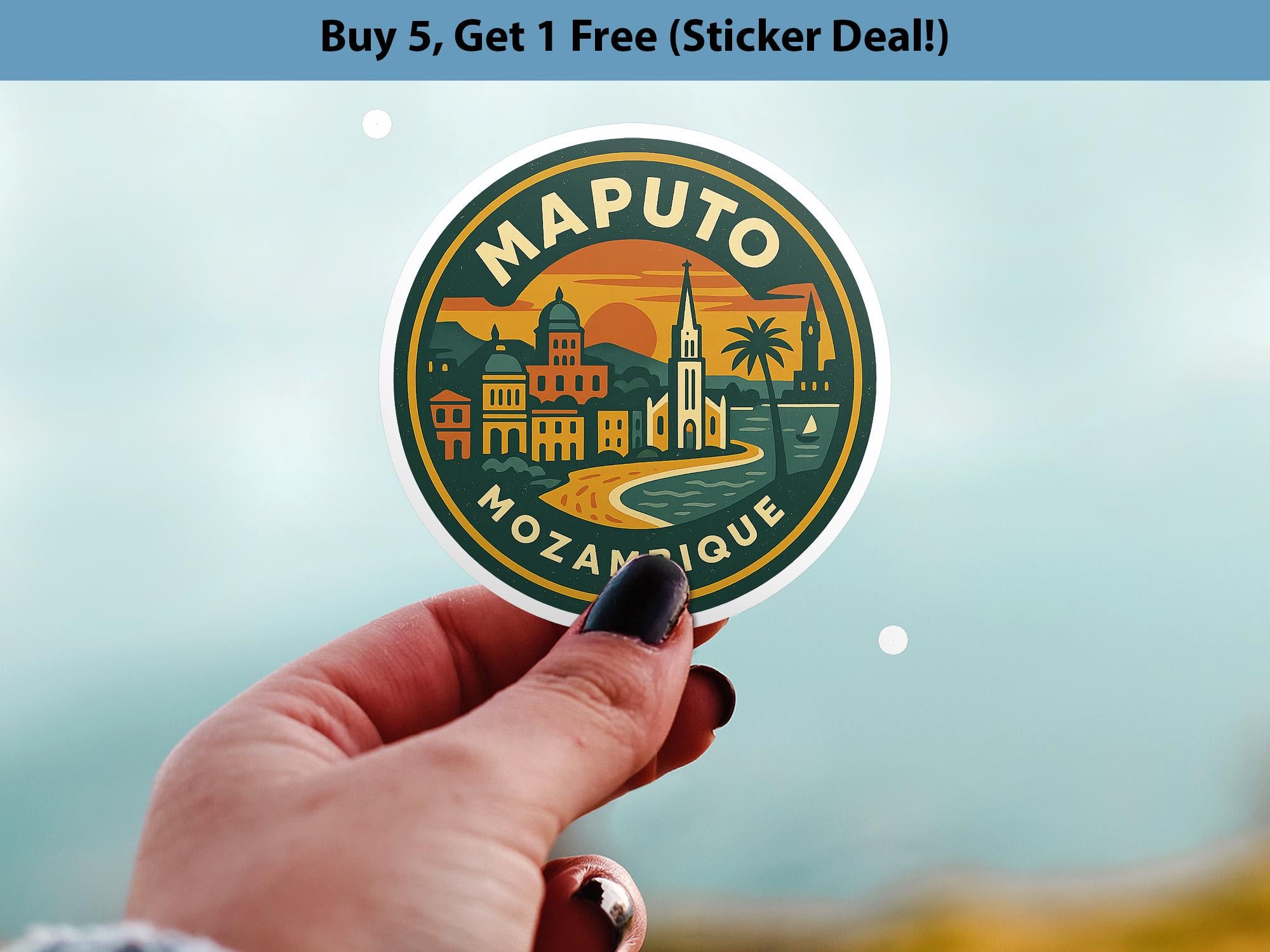 Maputo Mozambique Sticker Kiss-Cut Vinyl, Waterproof Decal, Retro Travel Lover Collection