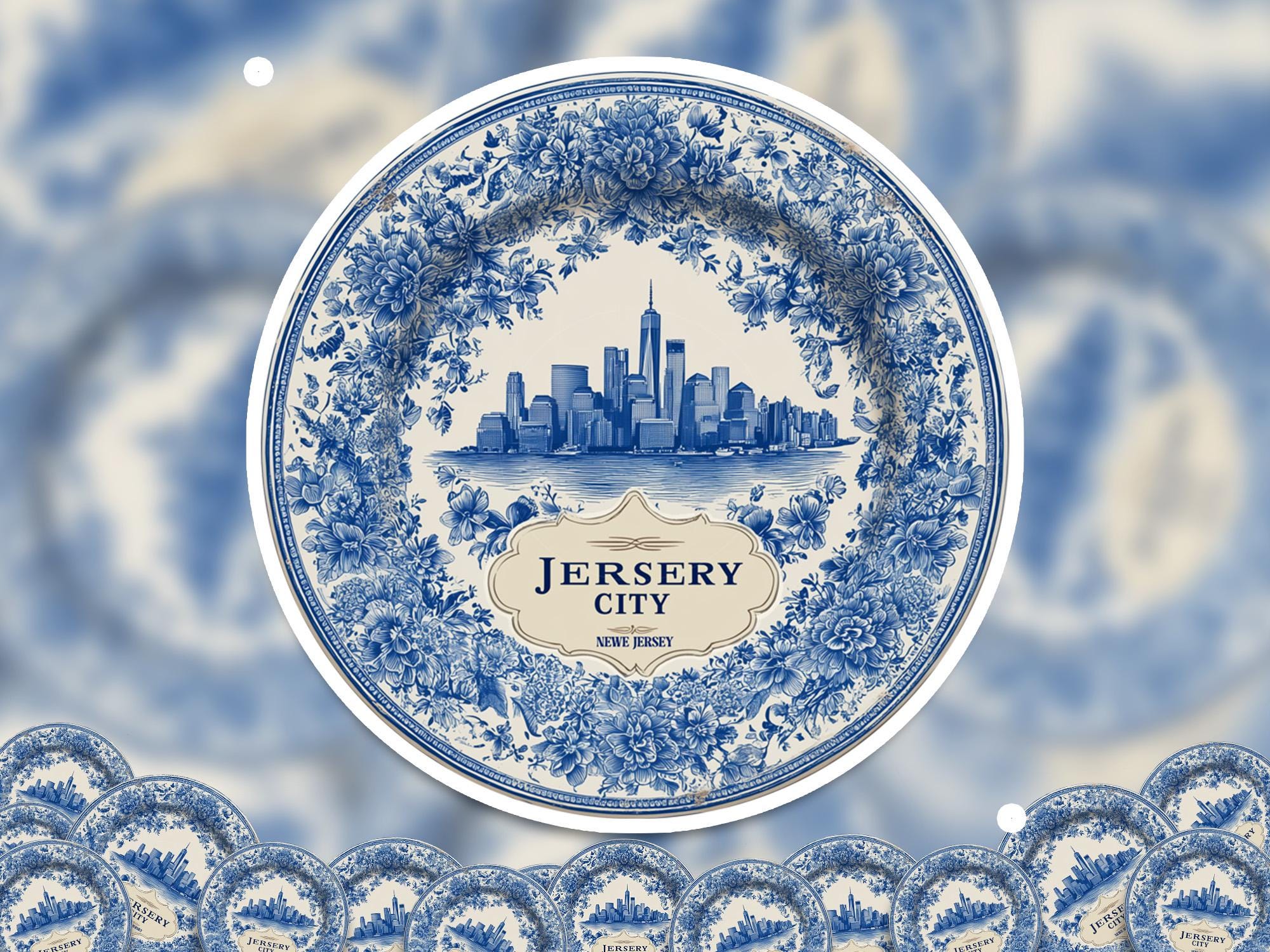 Jersey City Sticker New Jersey Vintage Delft style, Delftware Decal Waterproof Vinyl, Blue City Travel USA