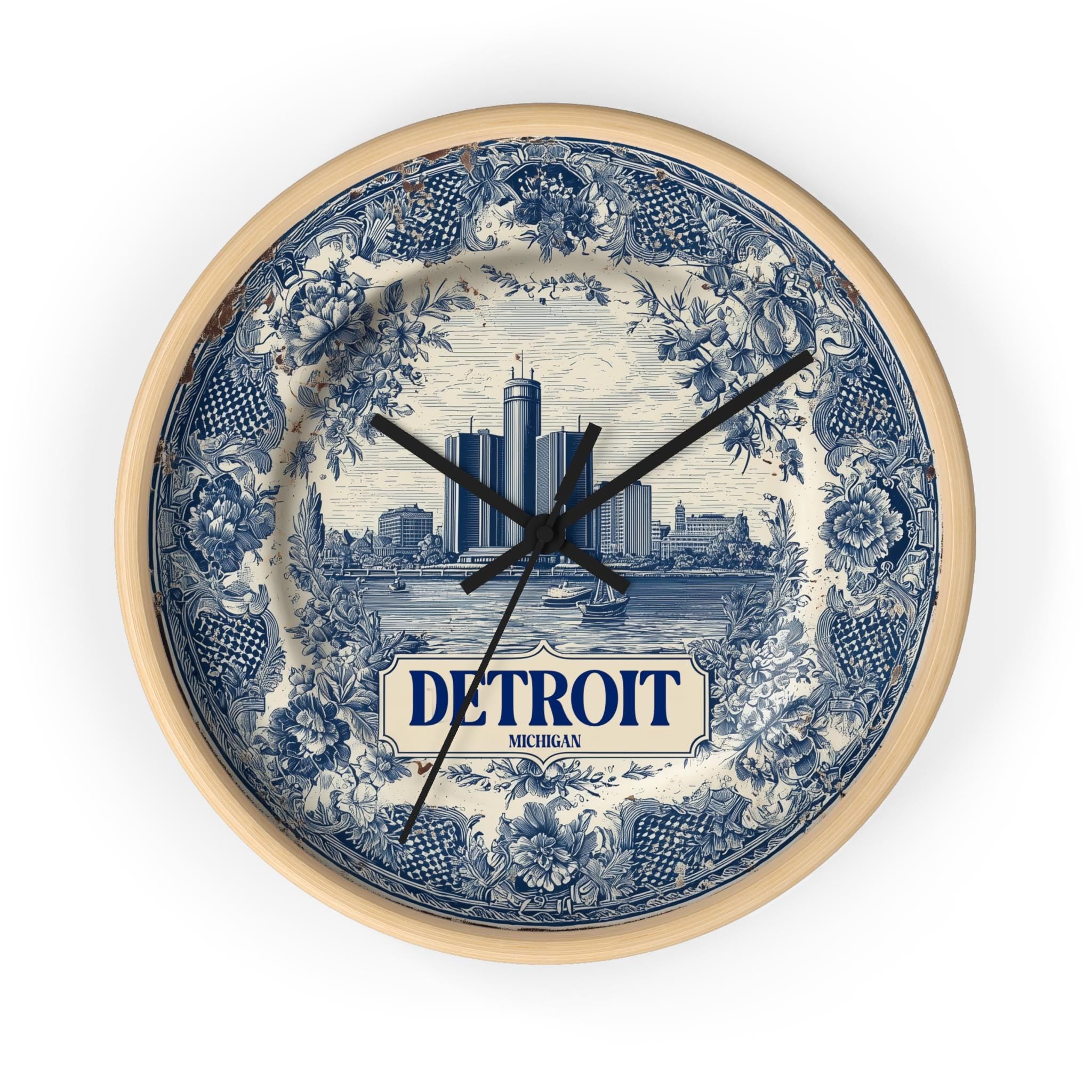 Detroit Michigan Wall Clock, Delf style Home Decor, Vintage City Travel Keepsake Art