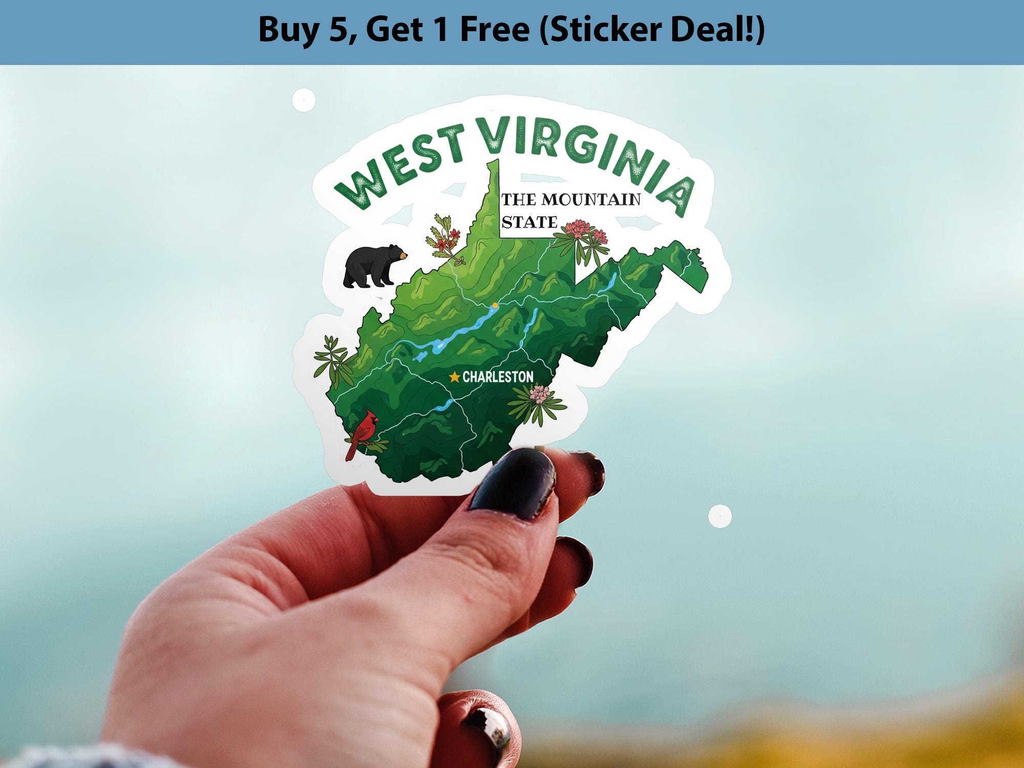 West Virginia State Sticker, USA Kiss-Cut Vinyl, Landmark Waterproof Decal, United States Travel Collection