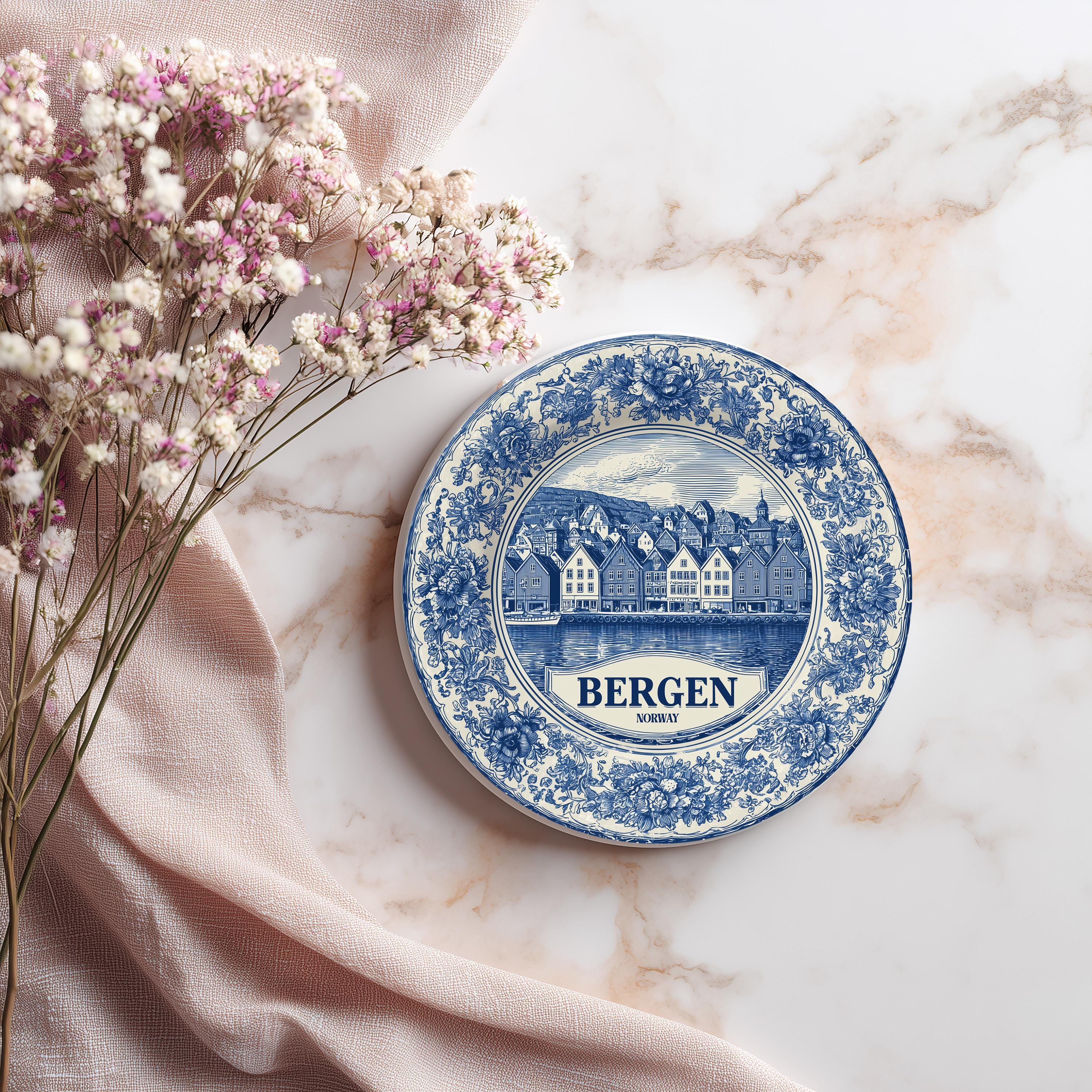 Bergen Norway Delftware Ceramic Coaster, Blue White Travel Gift, Vintage Home Decor Collectible