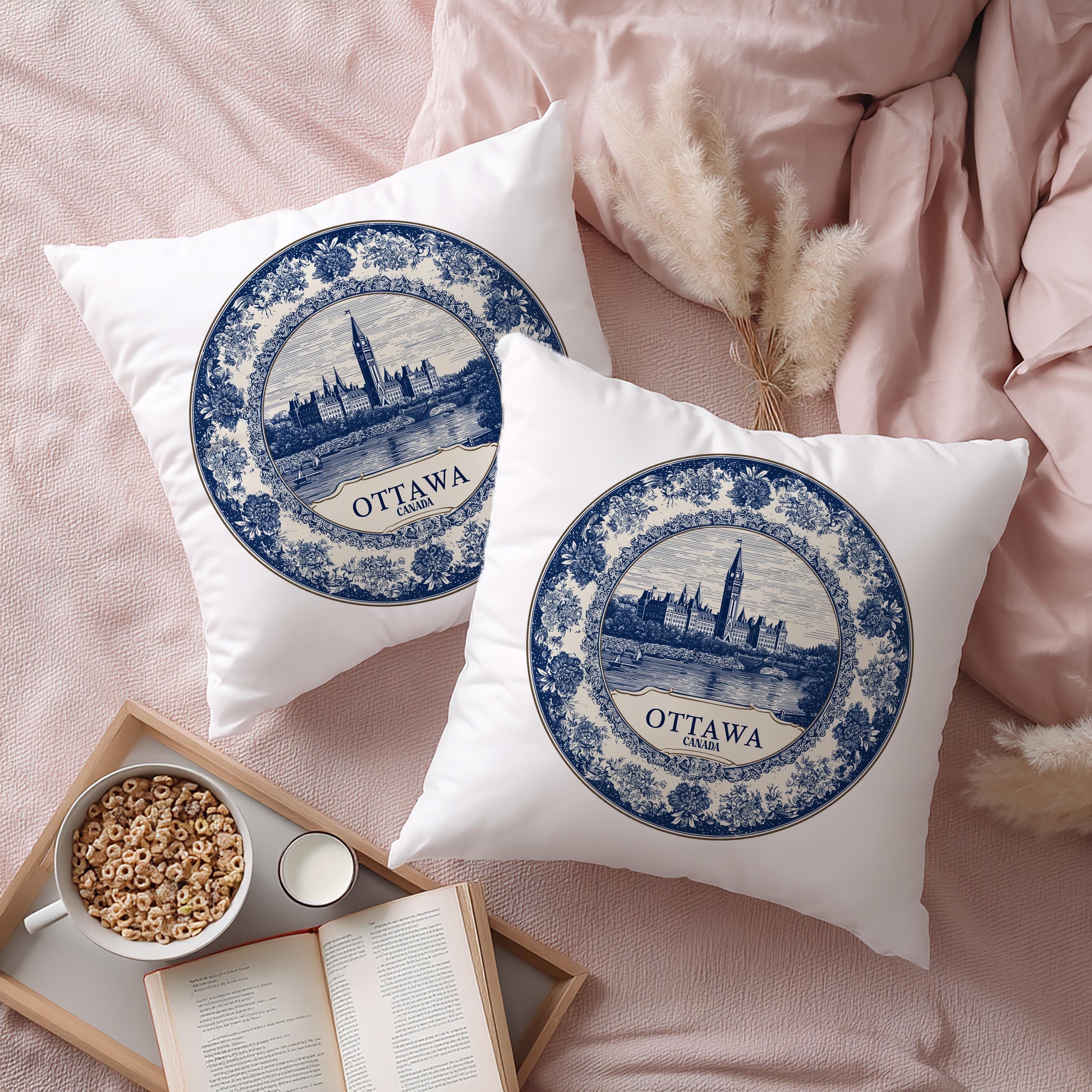 Ottawa Canada Pillowcase, Delft Style Decorative Throw Pillow, Vintage Cityscape Retro Home Decor