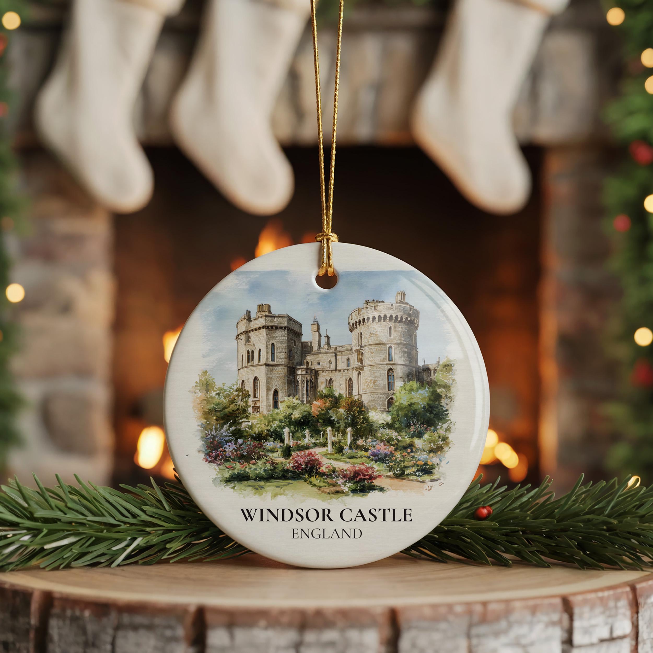Windsor Castle England Personalized Watercolor Ornament, Custom Ceramic Christmas gift, Travel Keepsake