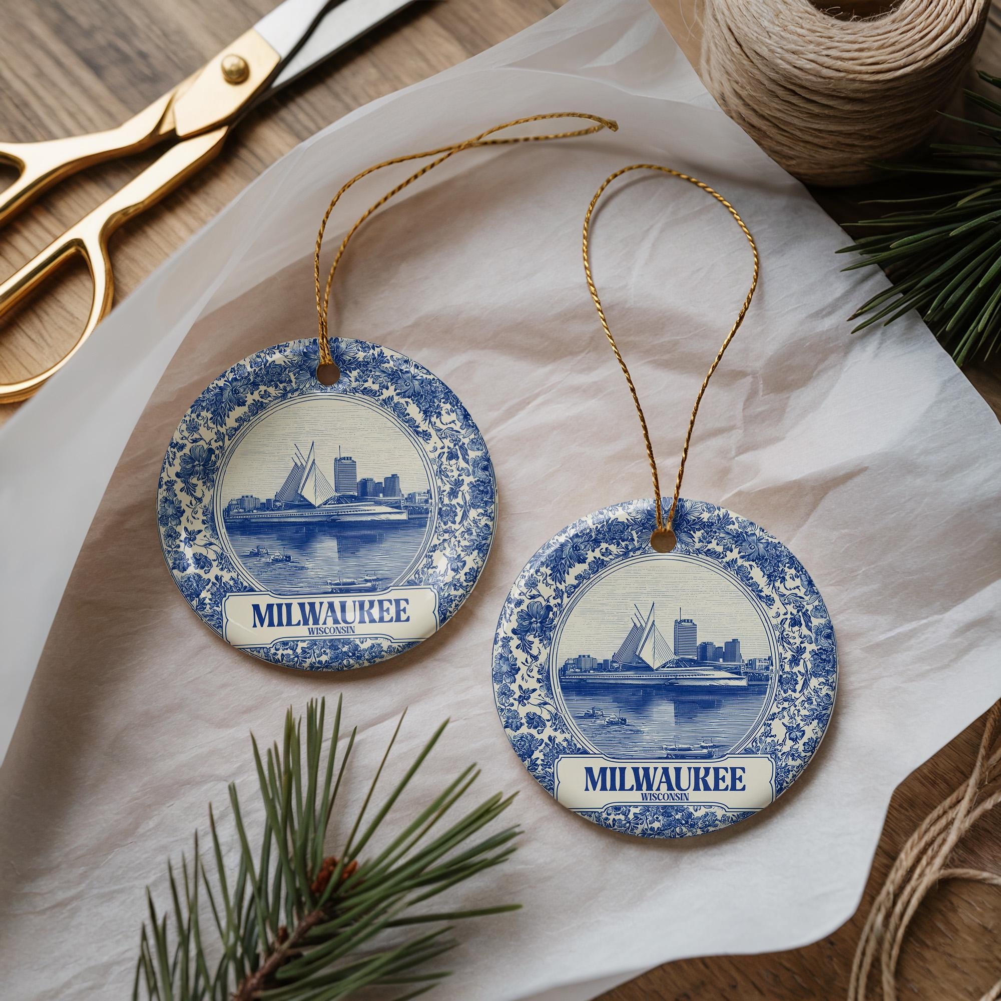 Custom Milwaukee Wisconsin Ceramic Delft Ornament, Christmas Delftware Blue Delftware city travel