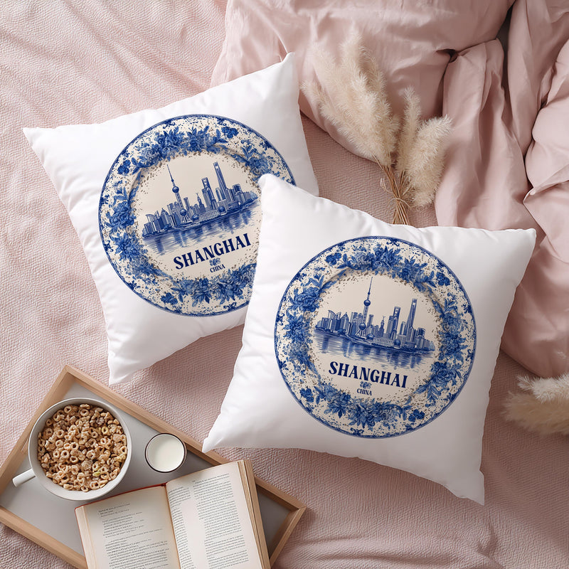 Shanghai China Pillowcase, Delft Style Decorative Throw Pillow, Vintage Cityscape Retro Home Decor