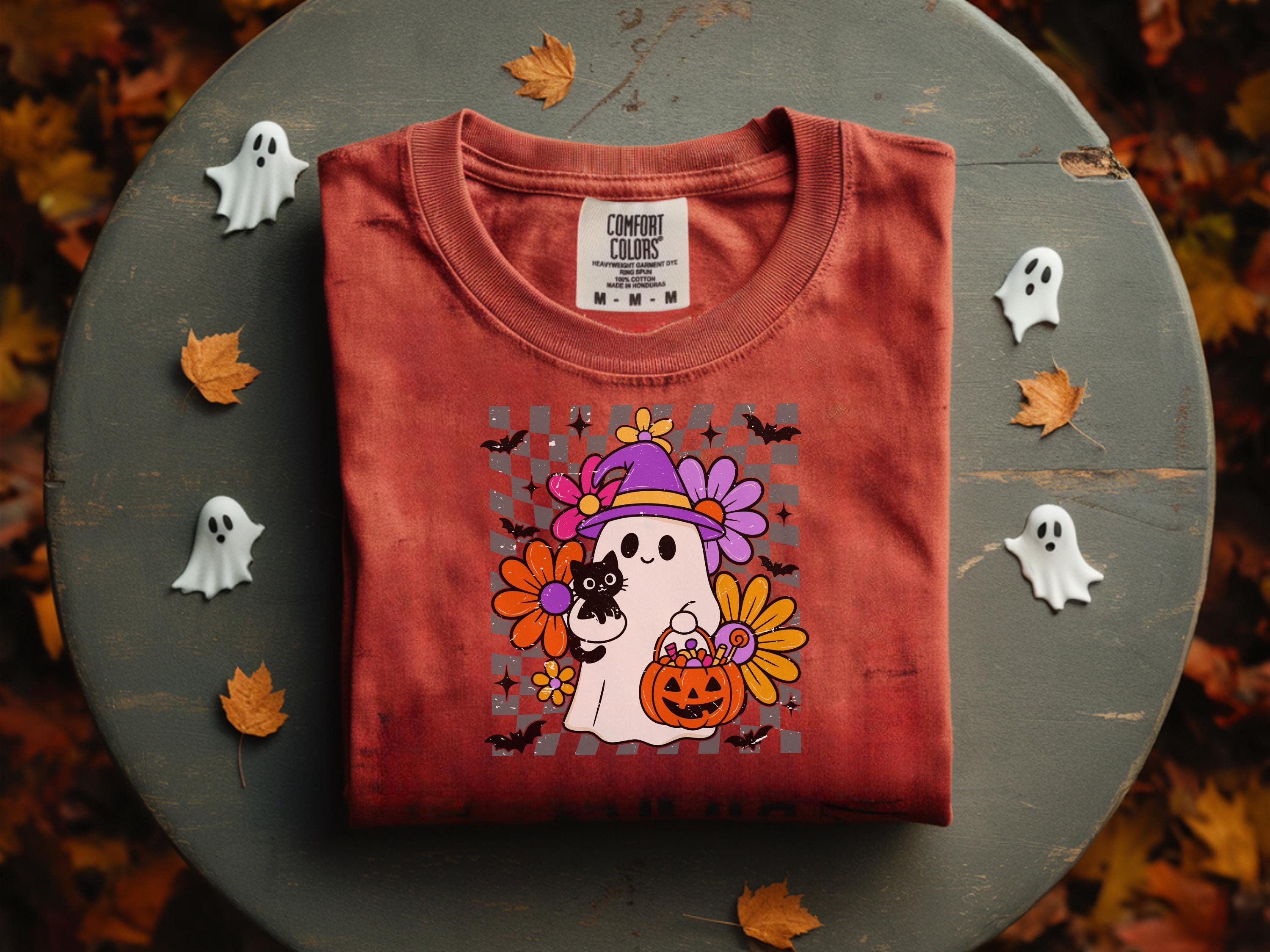 Retro Cute ghost Halloween Sweatshirt, Cute Cat Pumpkin Fall Top, Floral Spooky Crew, Trick or Treat Autumn Outfit, Funny Halloween Shirt