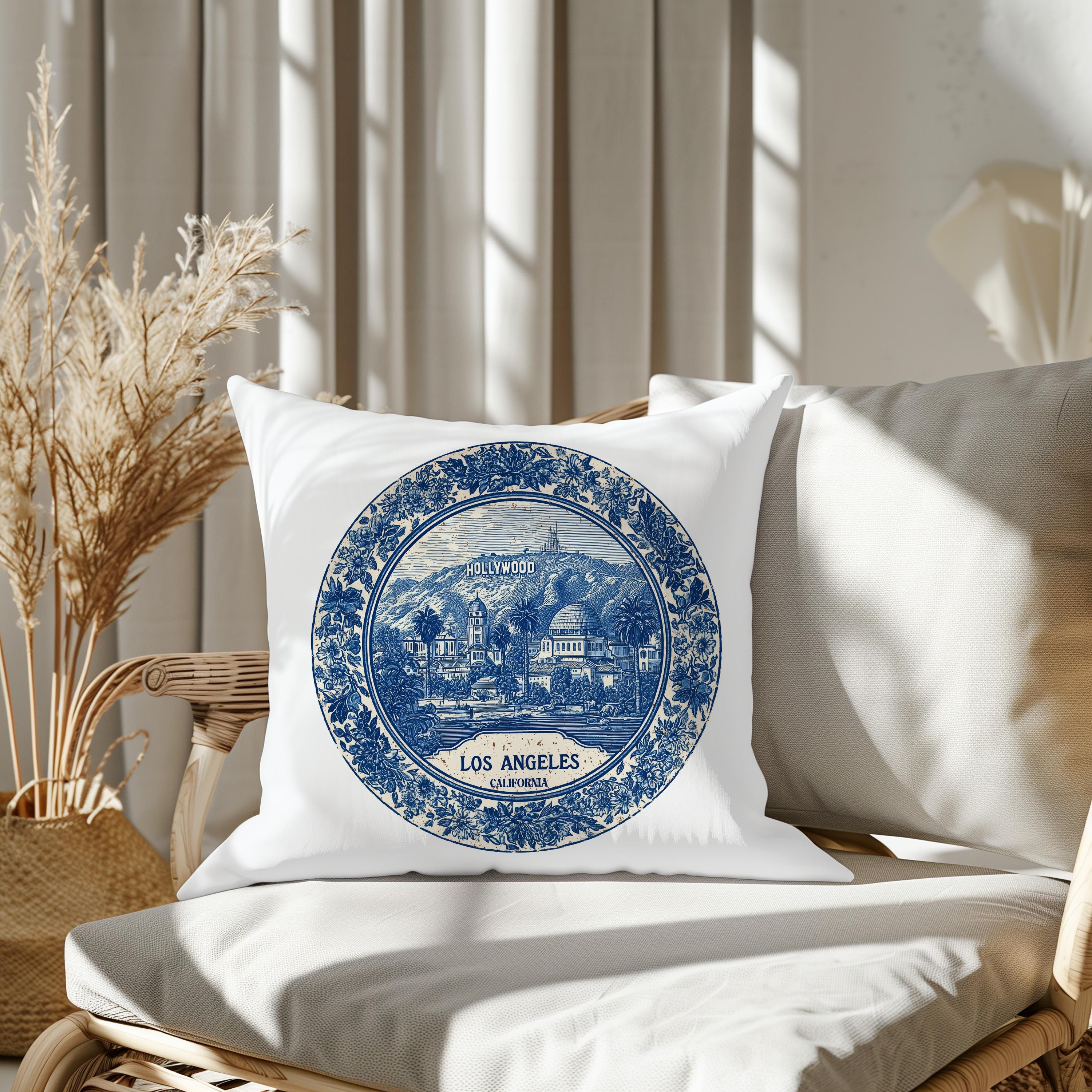 Los Angeles California Pillowcase, Delft Style Decorative Throw Pillow, Vintage Cityscape Retro Home Decor