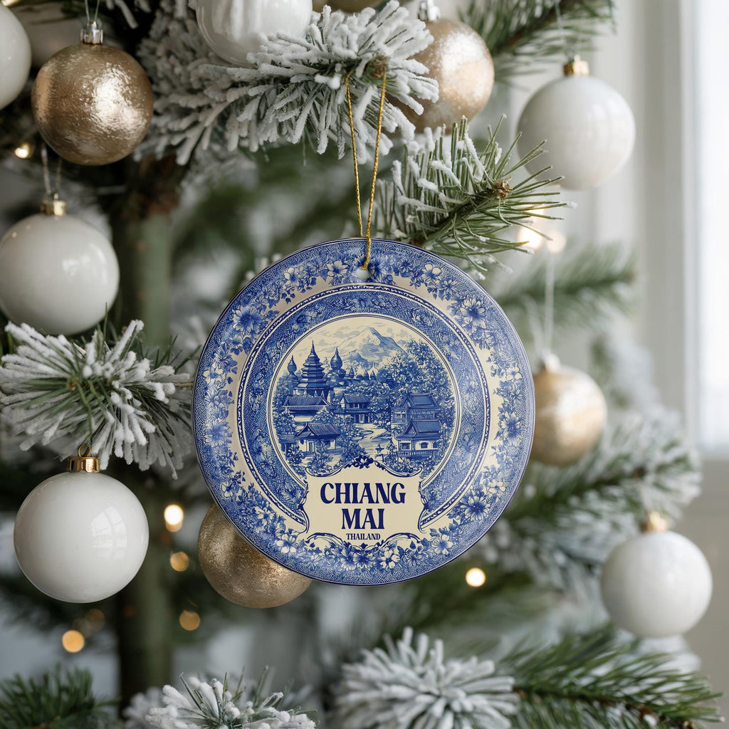 Custom Chiang Mai Thailand Ceramic Delft Ornament, Christmas Delftware Blue Delftware city travel