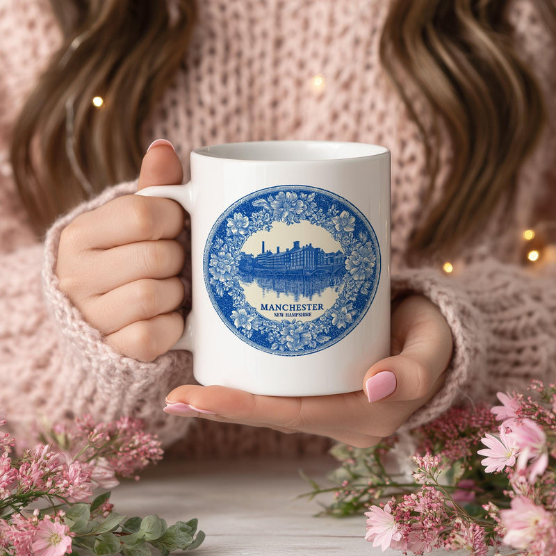 Manchester New Hampshire Mug, Custom Delft Style cup, Personalized Vintage Travel City Gift