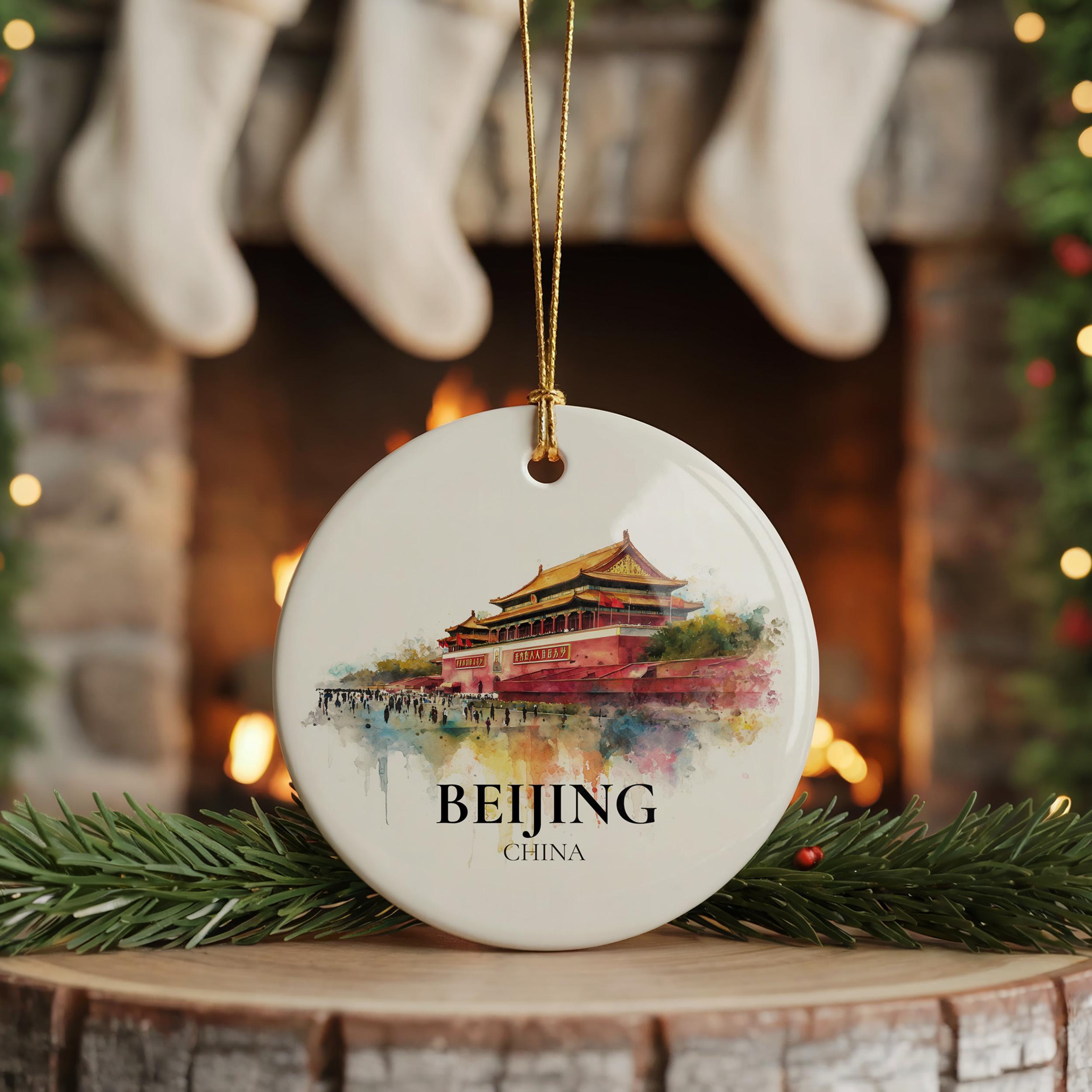 Beijing China Personalized Watercolor Ornament, Custom Ceramic Christmas gift, Travel Keepsake